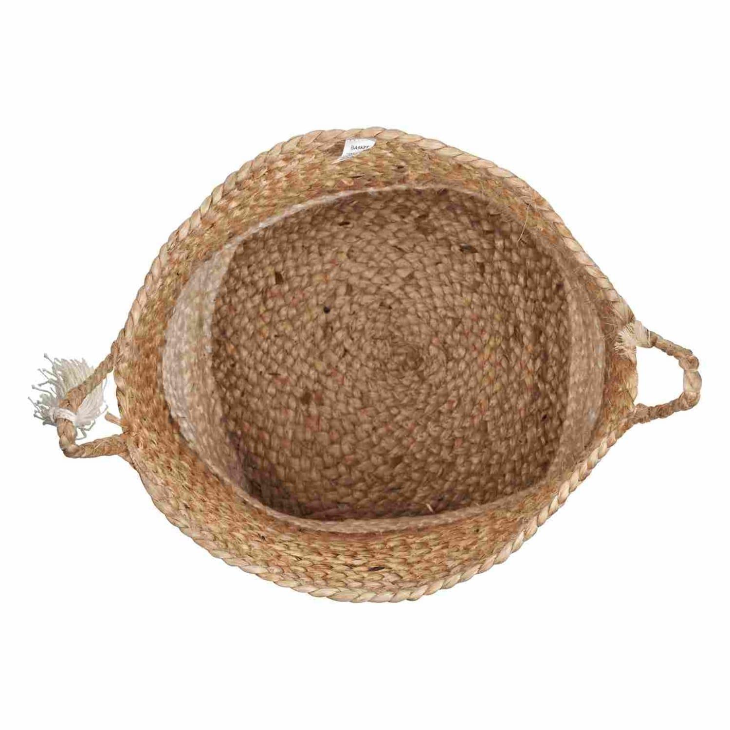 LR Home Woven Round Jute 17" Storage Basket with Handles, White Stripe