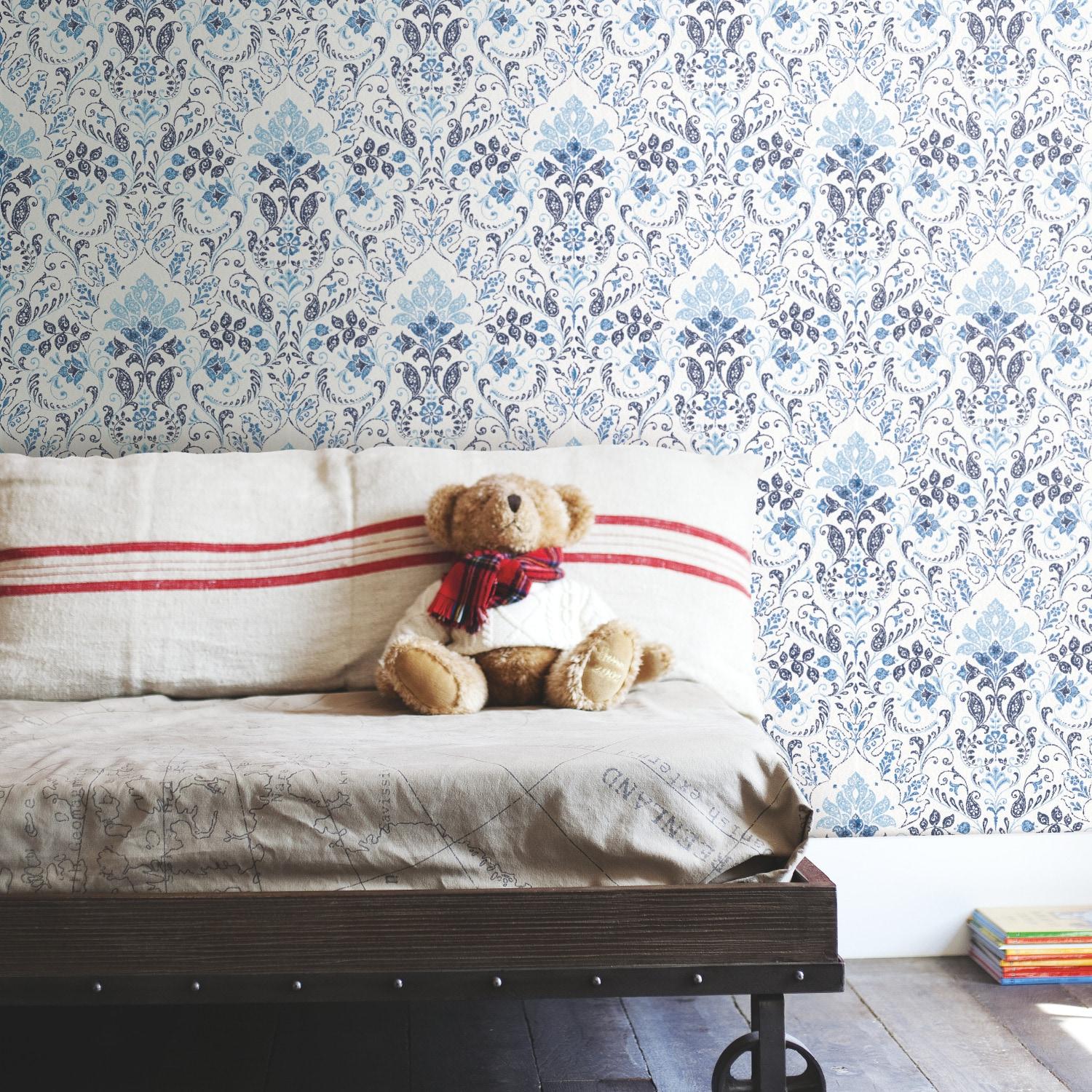 Blue and White Vinyl Damask Peel and Stick Wallpaper