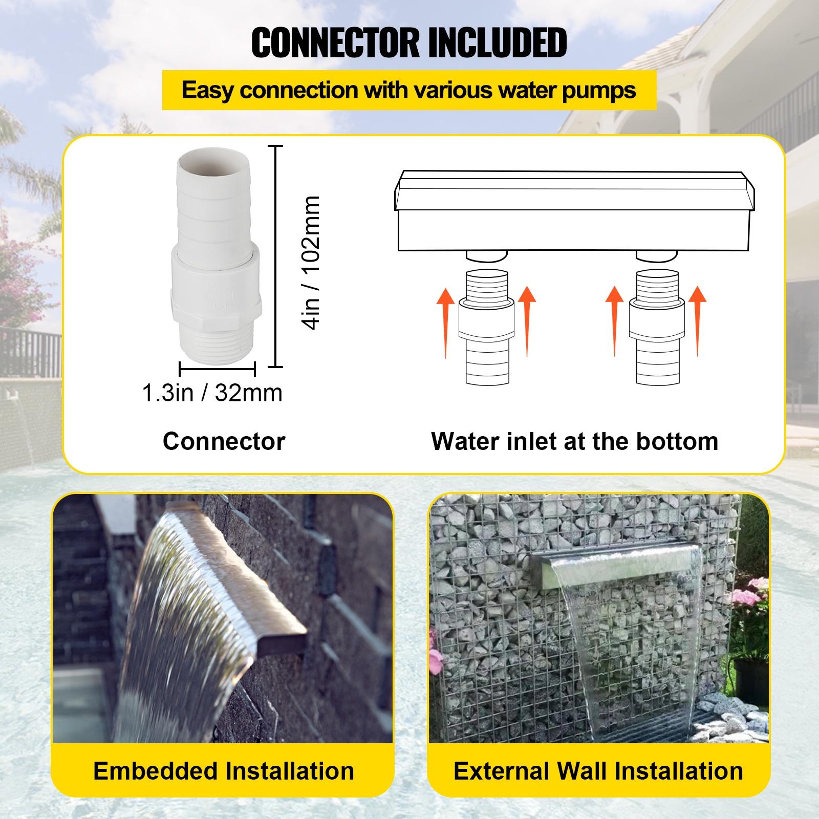 VEVOR Pool Fountain Stainless Steel Pool Waterfall Spillway with Pipe Connector Rectangular Garden Outdoor (59.1")