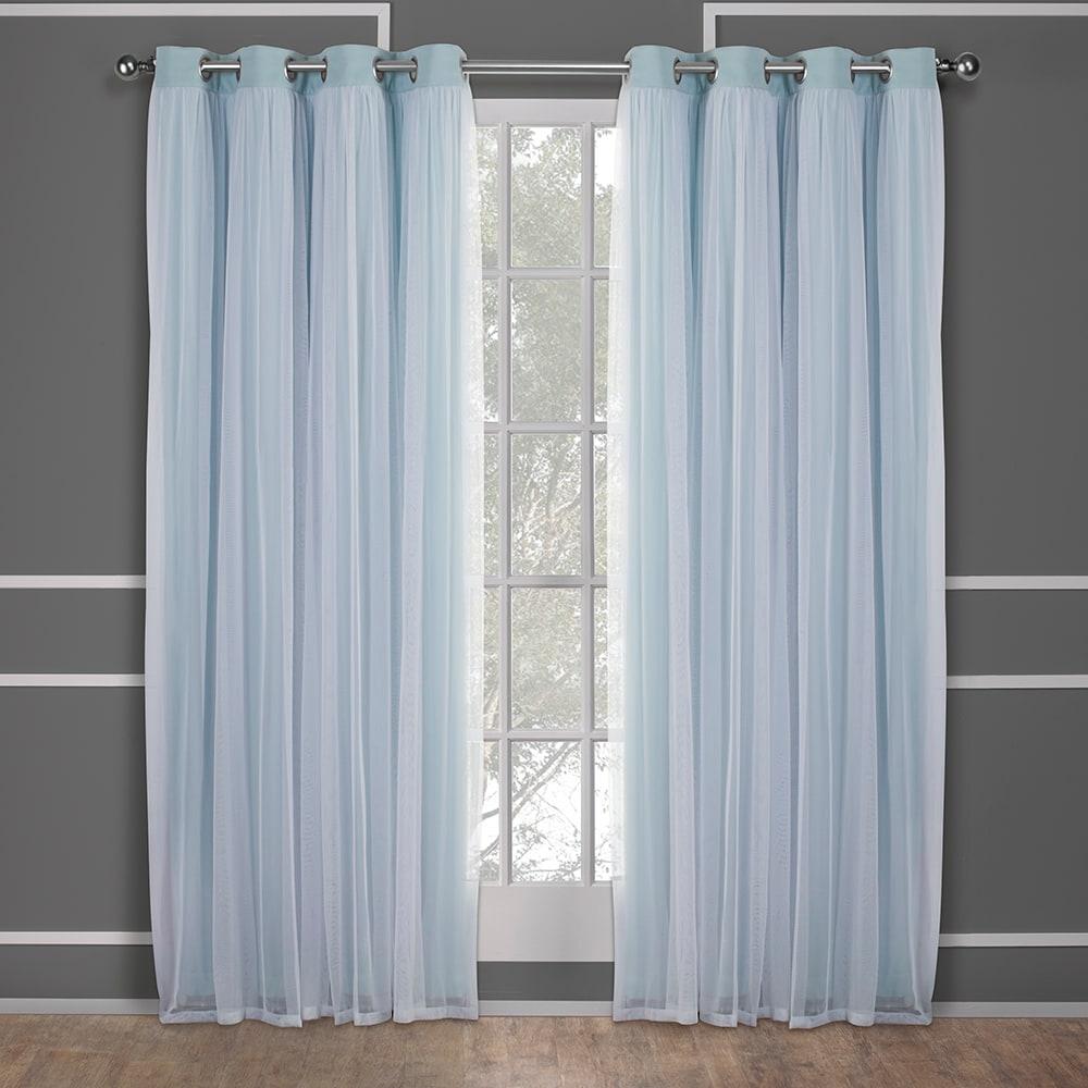 Set of 2 (84"x52") Caterina Layered Solid Blackout with Sheer Top Curtain Panels Aqua - Exclusive Home: Room Darkening, Thermal Insulated