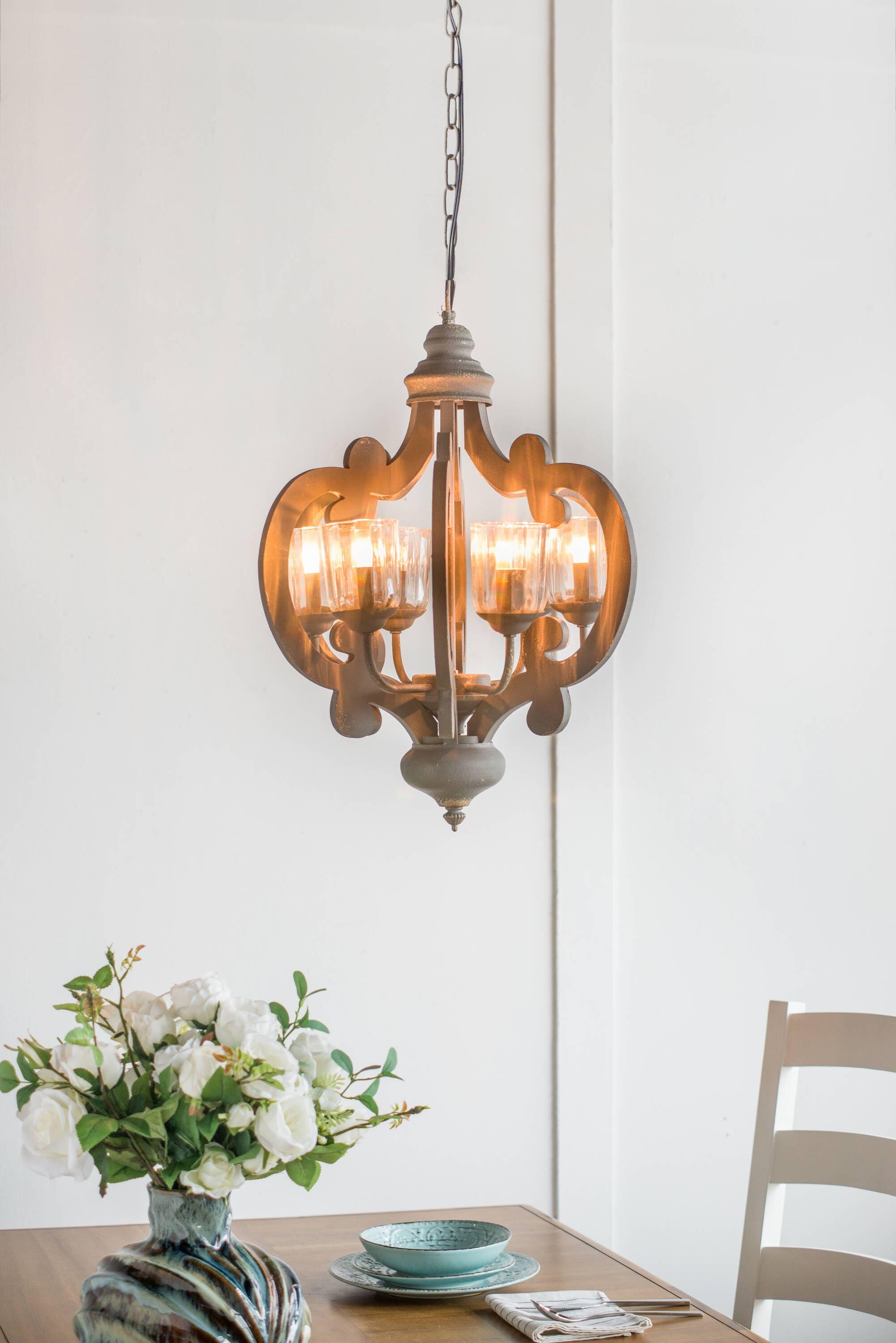 21"x24" 6-Light Wood Chandelier Ceiling Light Gray - A&B Home: No Assembly, UL Listed, Adjustable Height