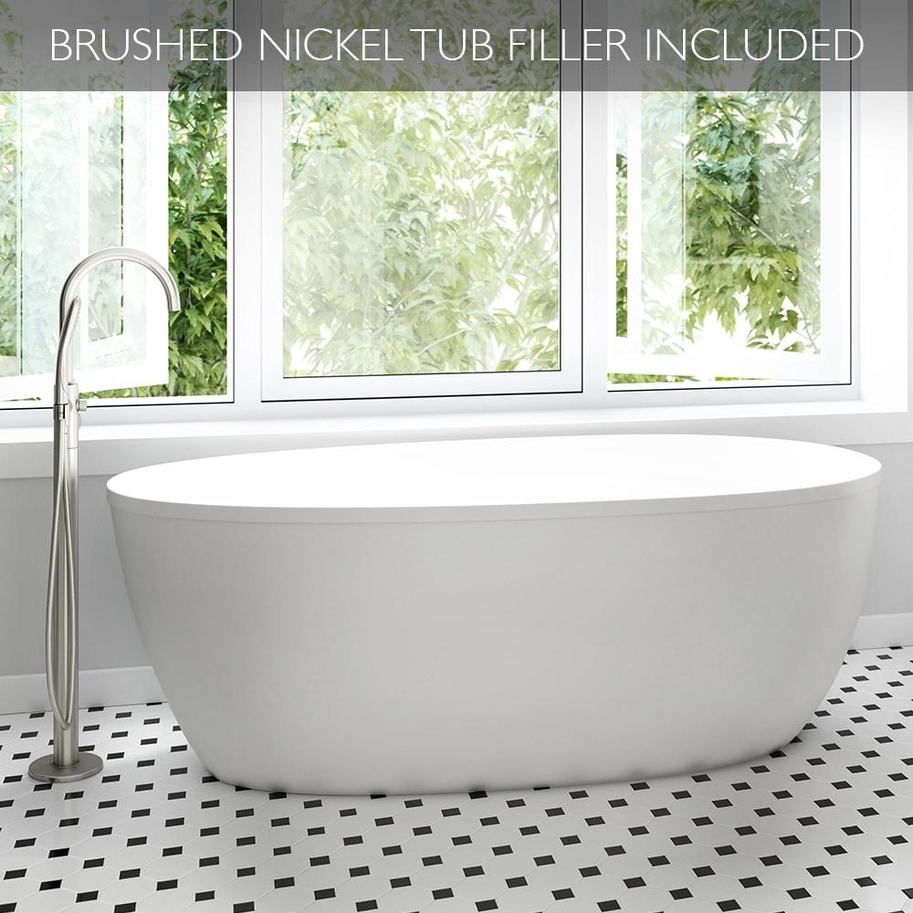 STRETTO 6732 Acrylic Freestanding Soaking Bath Univ End Drain White/White With NW50827 Round Tub Filler Chrome