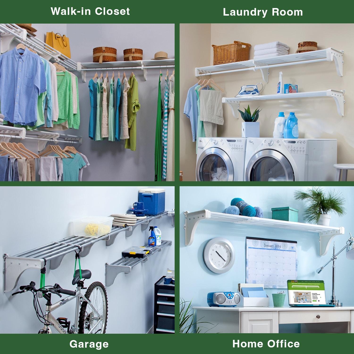 EZ Shelf-Expandable-Garage Shelf- -White- Easy to Install -Strong (up to 250 Lbs)- Wire Shelving Alternative –Wall Mounted Garage Shelf Organizer (White, 40.5" - 75")