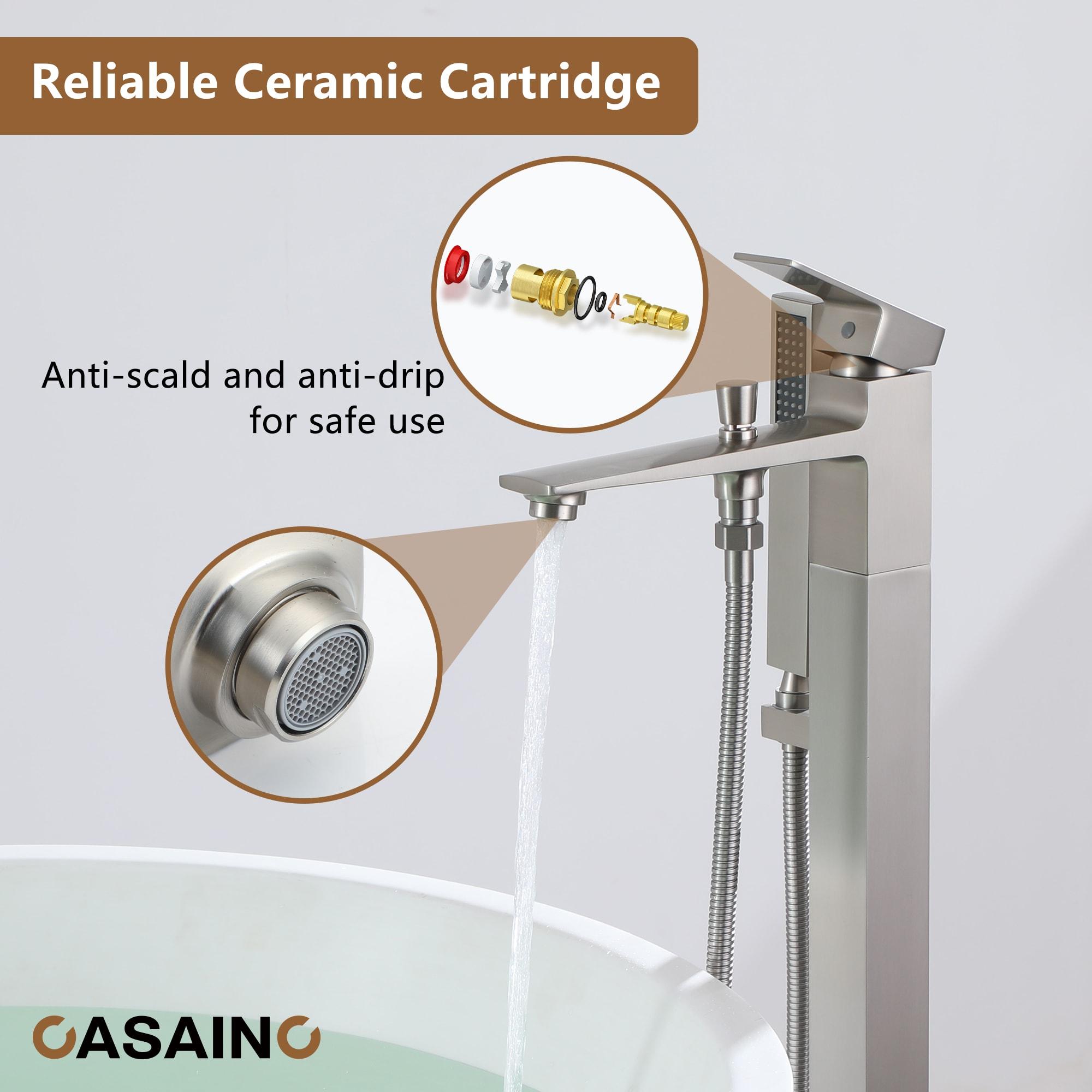 1-Handle Floor Mount Freestanding Tub Faucet with Handheld Shower in Brushed Nickel