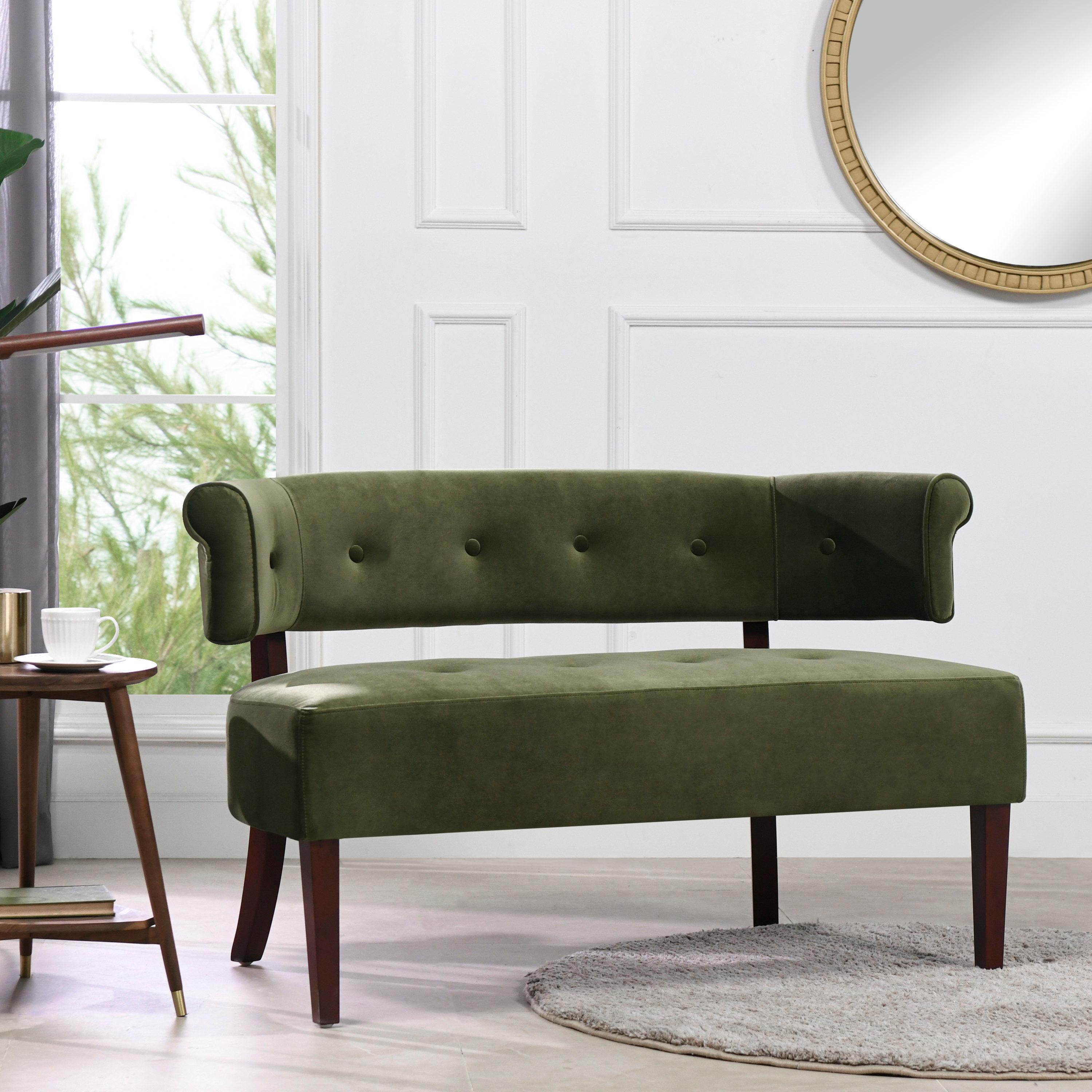 Jennifer Taylor Home Jared Roll Arm Tufted Bench Settee, Olive Green Velvet