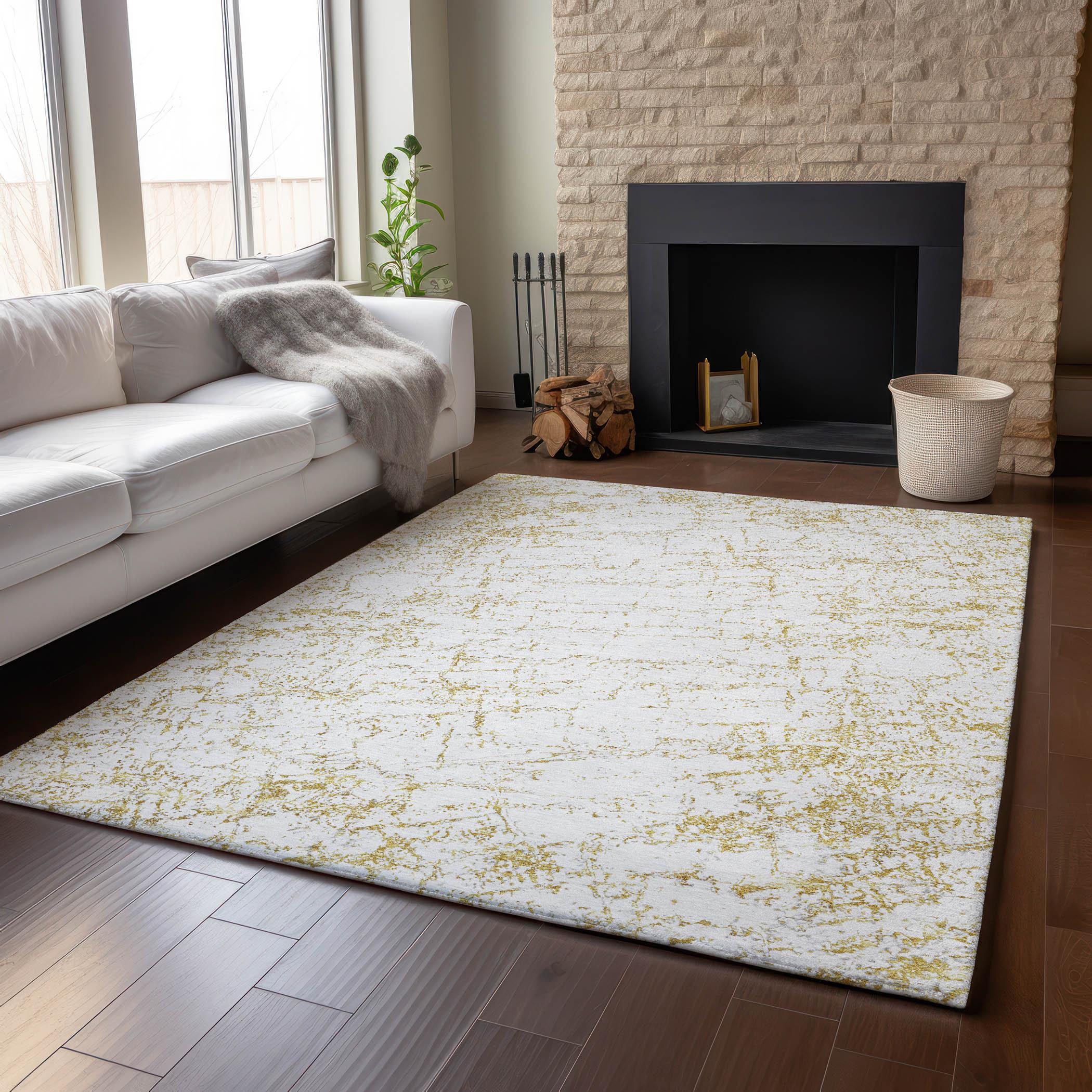 Gold and White 10' x 14' Washable Synthetic Area Rug