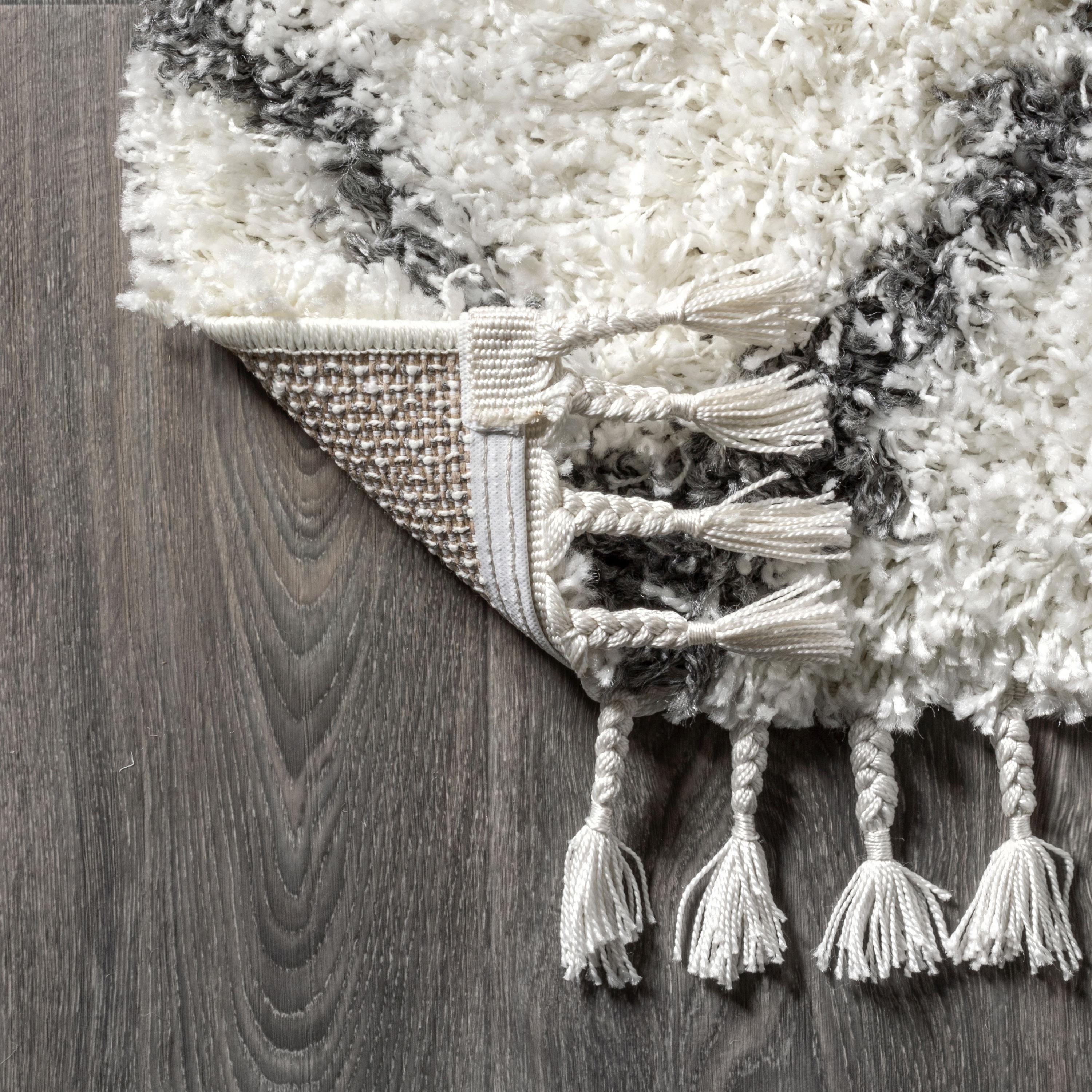 8'x10' Mercer Shag Plush Tassel Moroccan Geometric Trellis Area Rug, Cream/Grey - JONATHAN Y