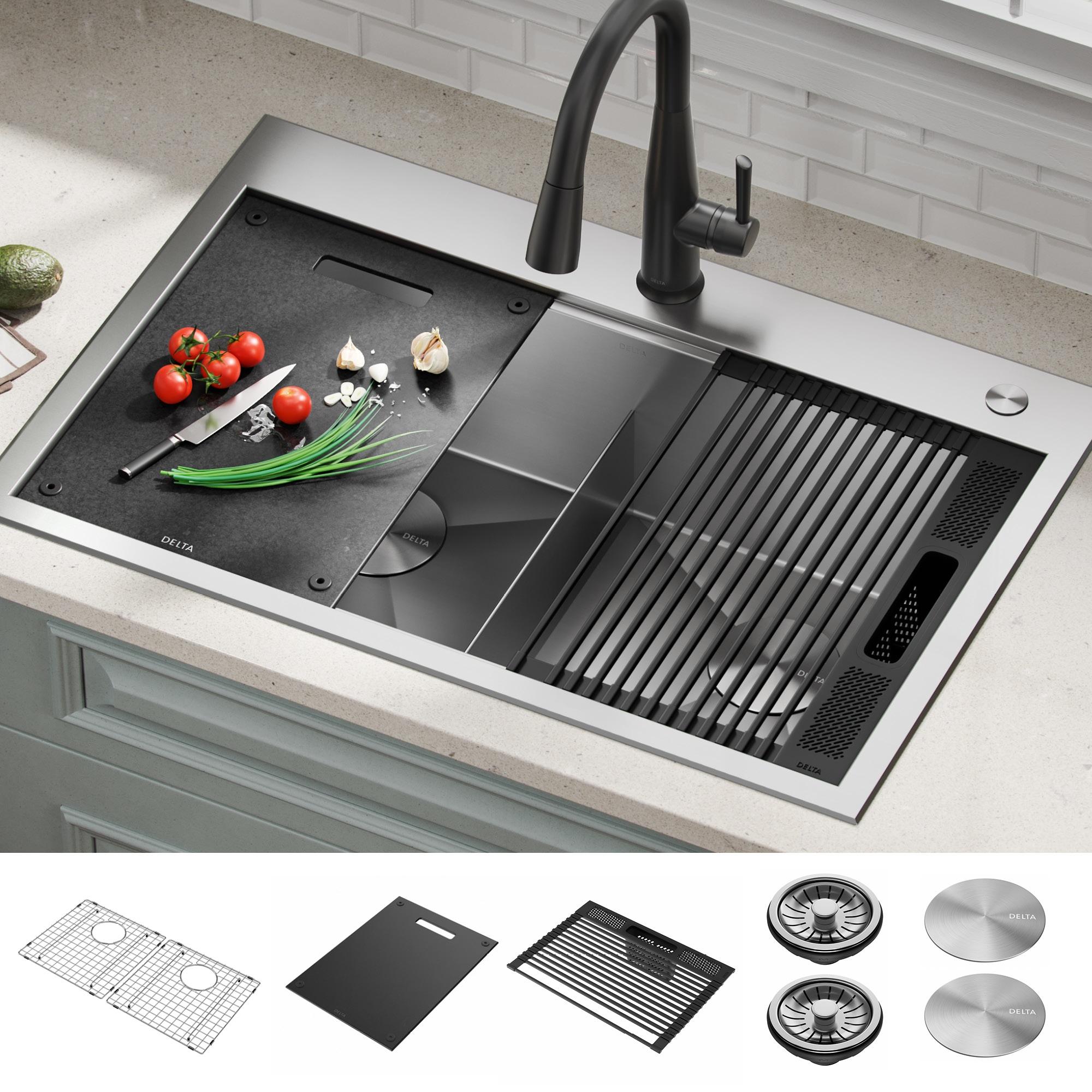 Delta Rivet™ 33" L Workstation Kitchen Sink Drop-In Top Mount 16 Gauge Stainless Steel 50/50 Double Bowl