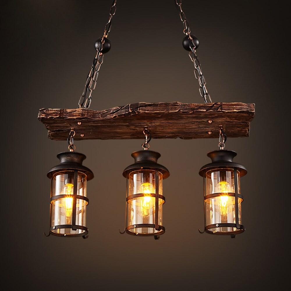 3-Light Rustic Kitchen Island Pendant Lamp Farmhouse Wood Iron Chandelier Industrial Ceiling Hanging Light with Glass Lampshade for Dining Living Room Restaurant Cafe Bar 39.4 x 27 in E26/E27 Base