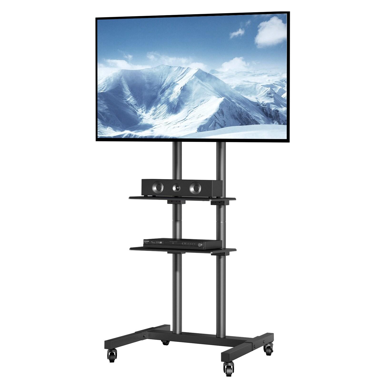 Black Adjustable Mobile TV Stand with Double Tray for 32-70 inch TVs