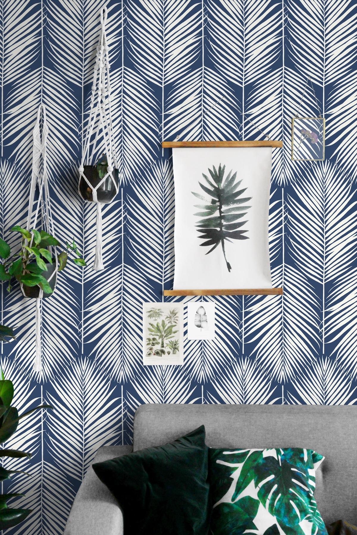 NextWall Coastal Blue Palm Silhouette Peel and Stick Wallpaper