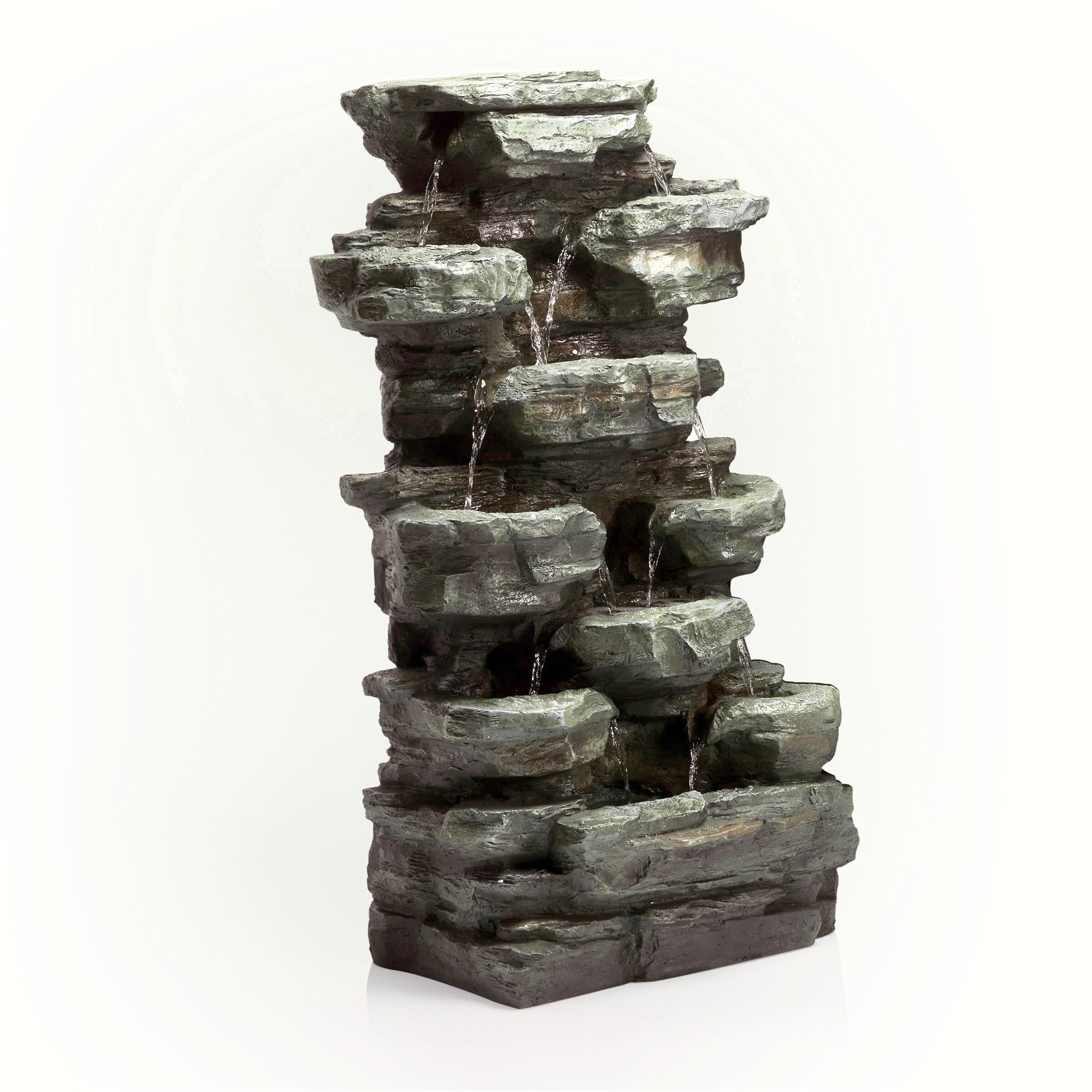 Gray Stone 39" Solar Powered Tiered Rock Fountain with LED Lights