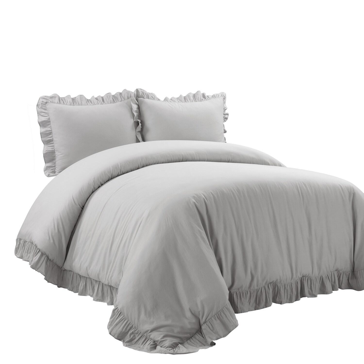 Lush Décor 3pc Full/Queen Reyna 100% Cotton Duvet Cover Set Light Gray: Chic Bedding with Ruffles, No Closure Design