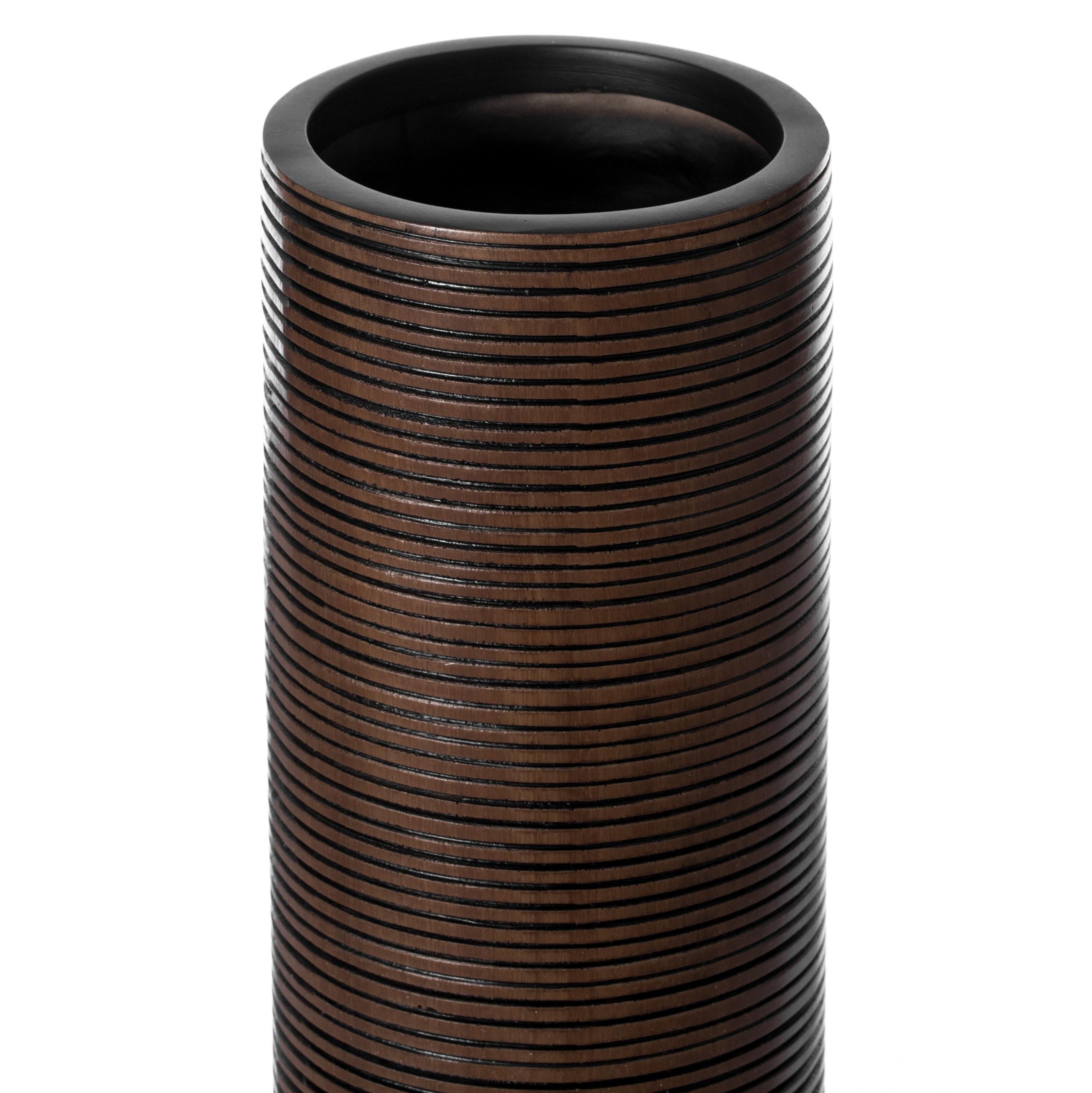 Modern Tall Decorative White and Brown Ribbed Cylinder Floor Vase