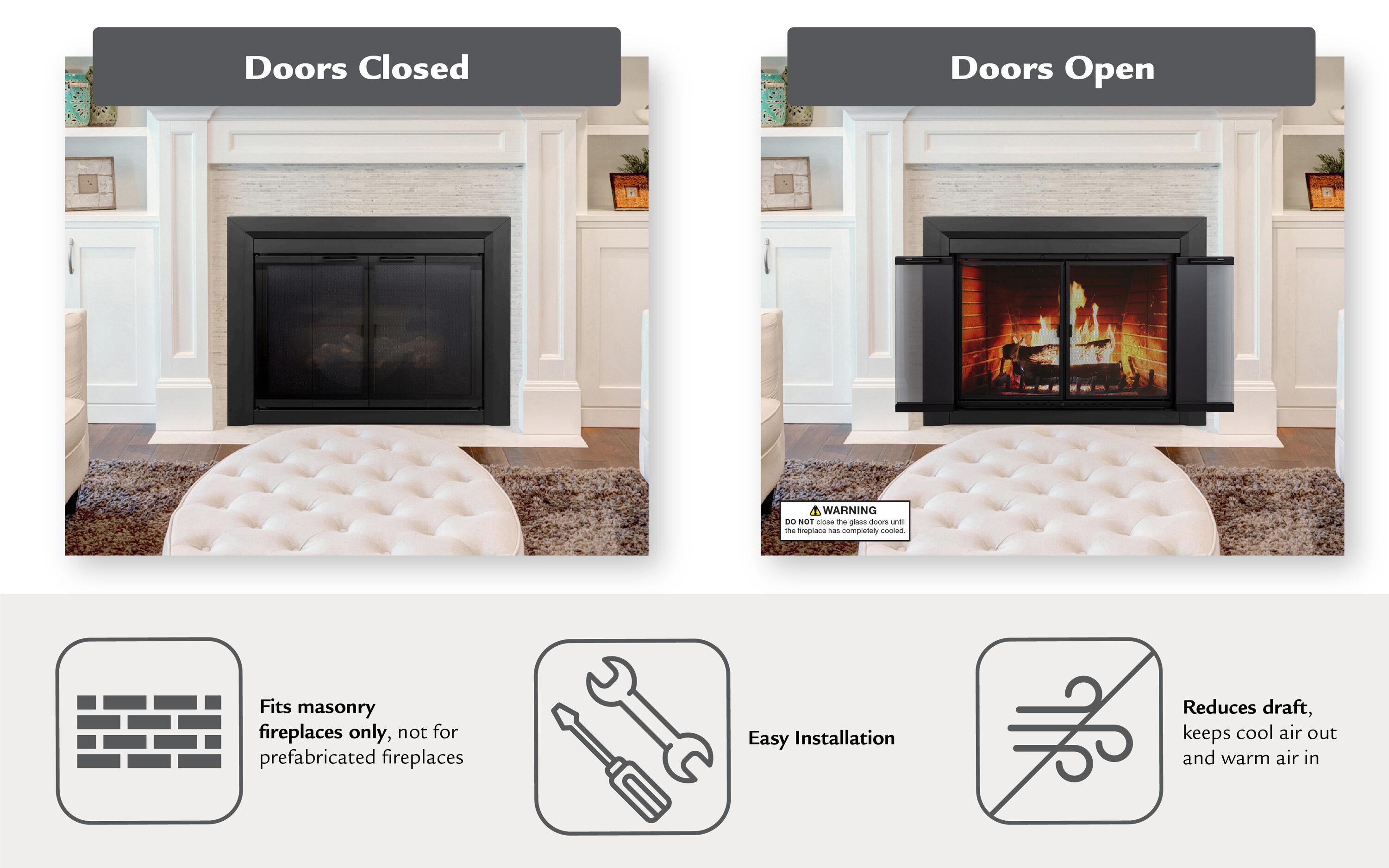 Pleasant Hearth Clairmont Fireplace Screen and Bi-Fold Track-Free Smoked Glass Doors - Black
