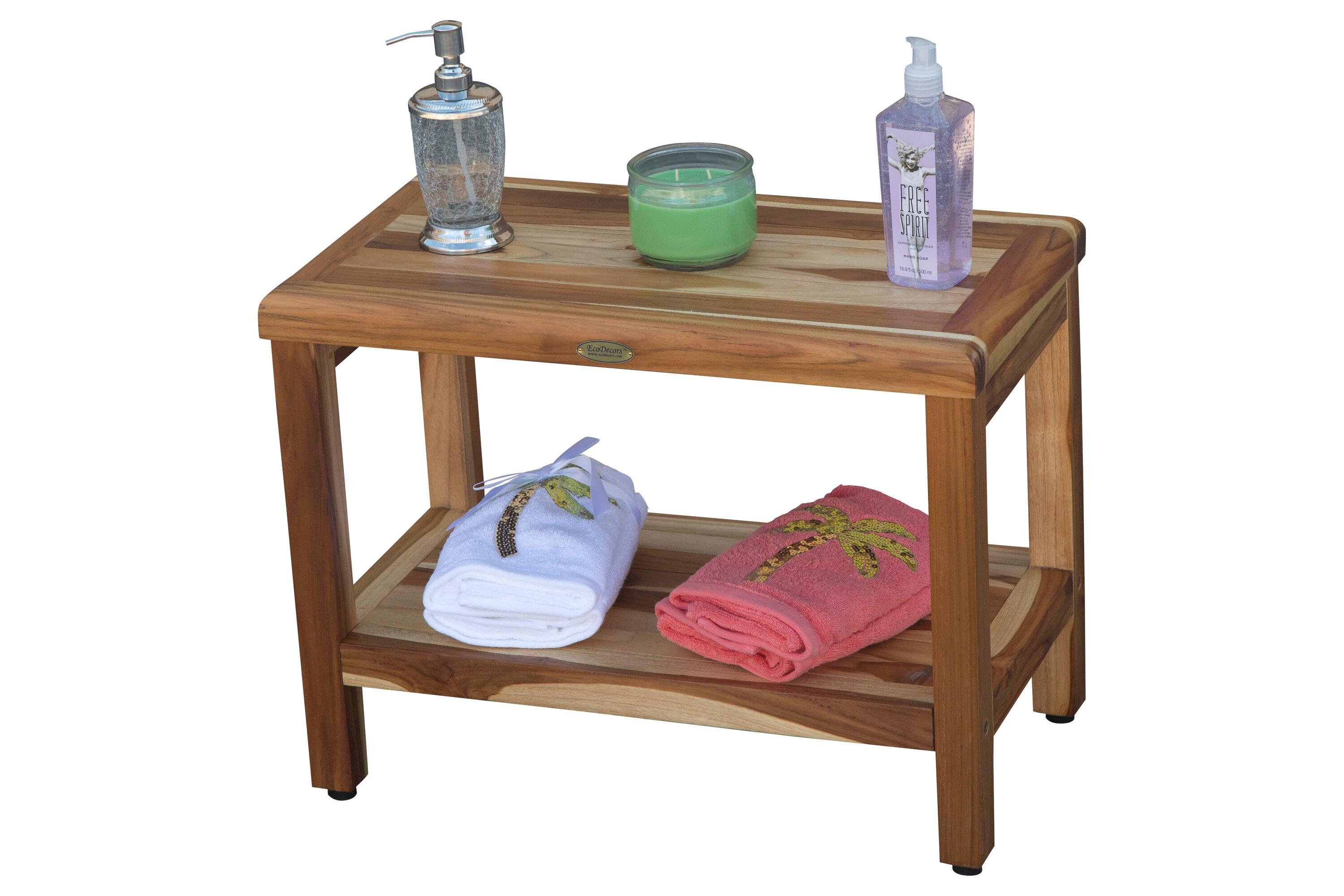 24" Eleganto ED1001 Wide Teak Shower Bench with Shelf - EcoDecors