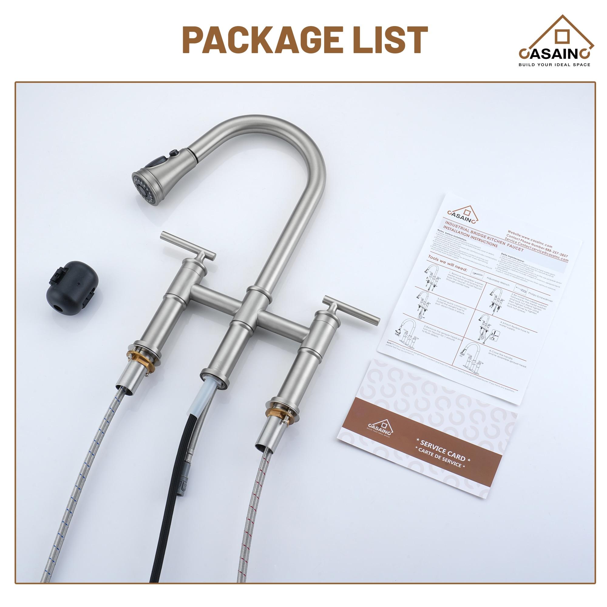 CASAINC Sleek 2-Handle Bridge Kitchen Faucet with Three Function Pull-Down Sprayhead 1.8 GPM KCLT0001-BN