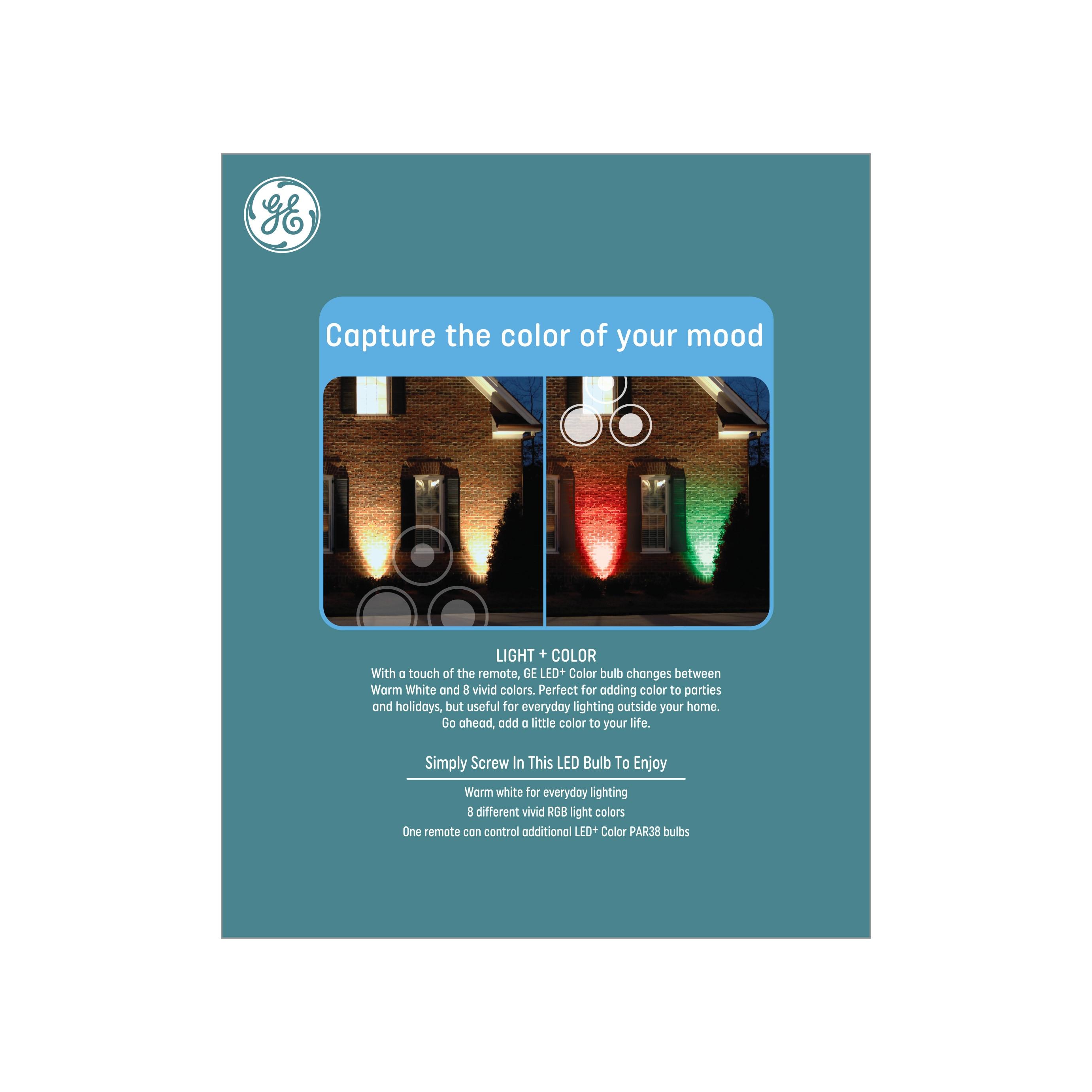 GE LED Color Changing PAR38 LED Outdoor Floodlight Bulb: Multicolored, 1300 Lumens, Energy Star, E26 Base, 15W