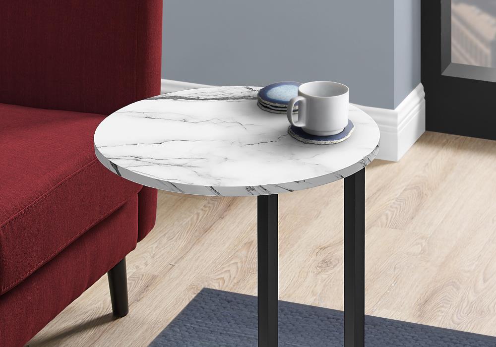 17 Stories Accent Table, Side, Round, End, Nightstand, Lamp, Living Room, Bedroom, White Marble Look Laminate, Black Metal, Contemporary, Modern