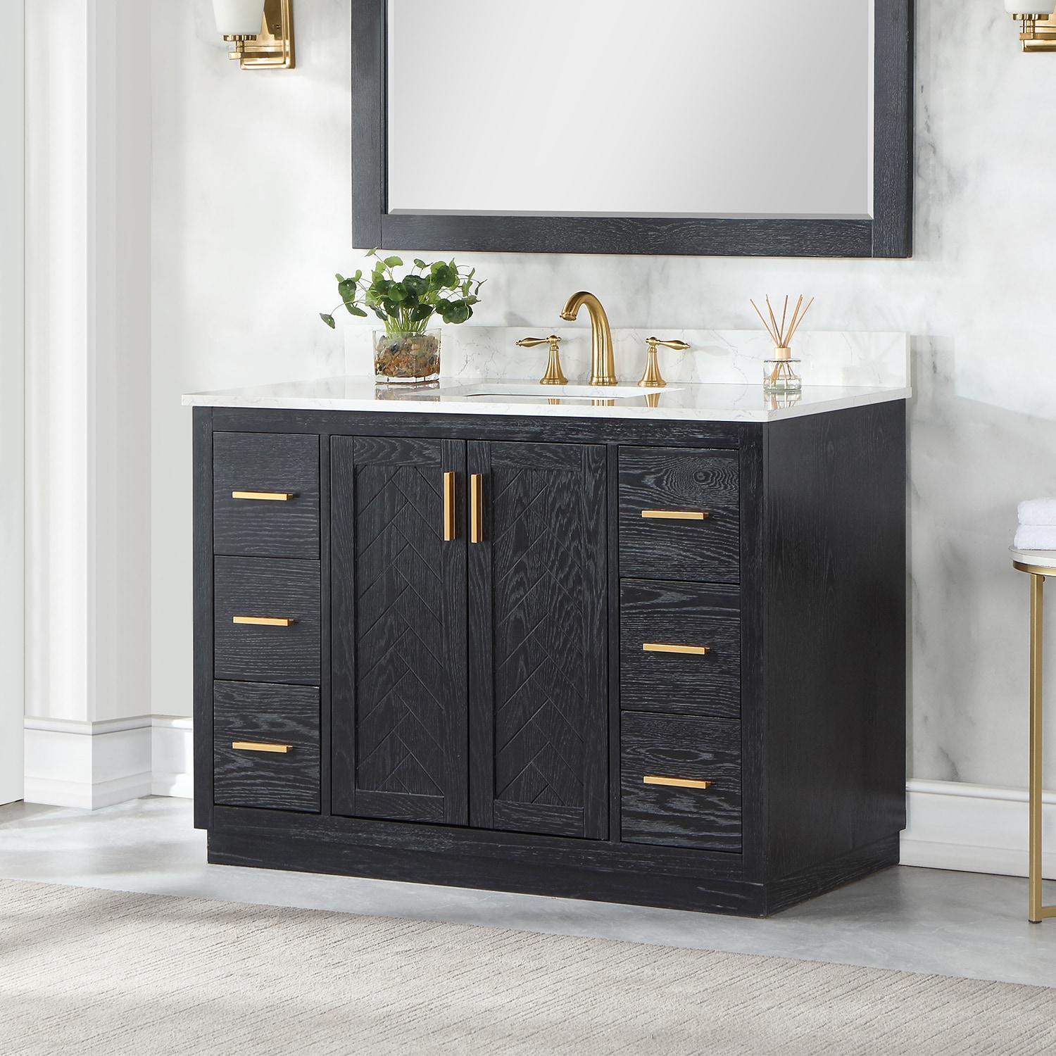 Gazsi 48" Single Bathroom Vanity Set in Black Oak with Grain White Composite Stone Countertop without Mirror