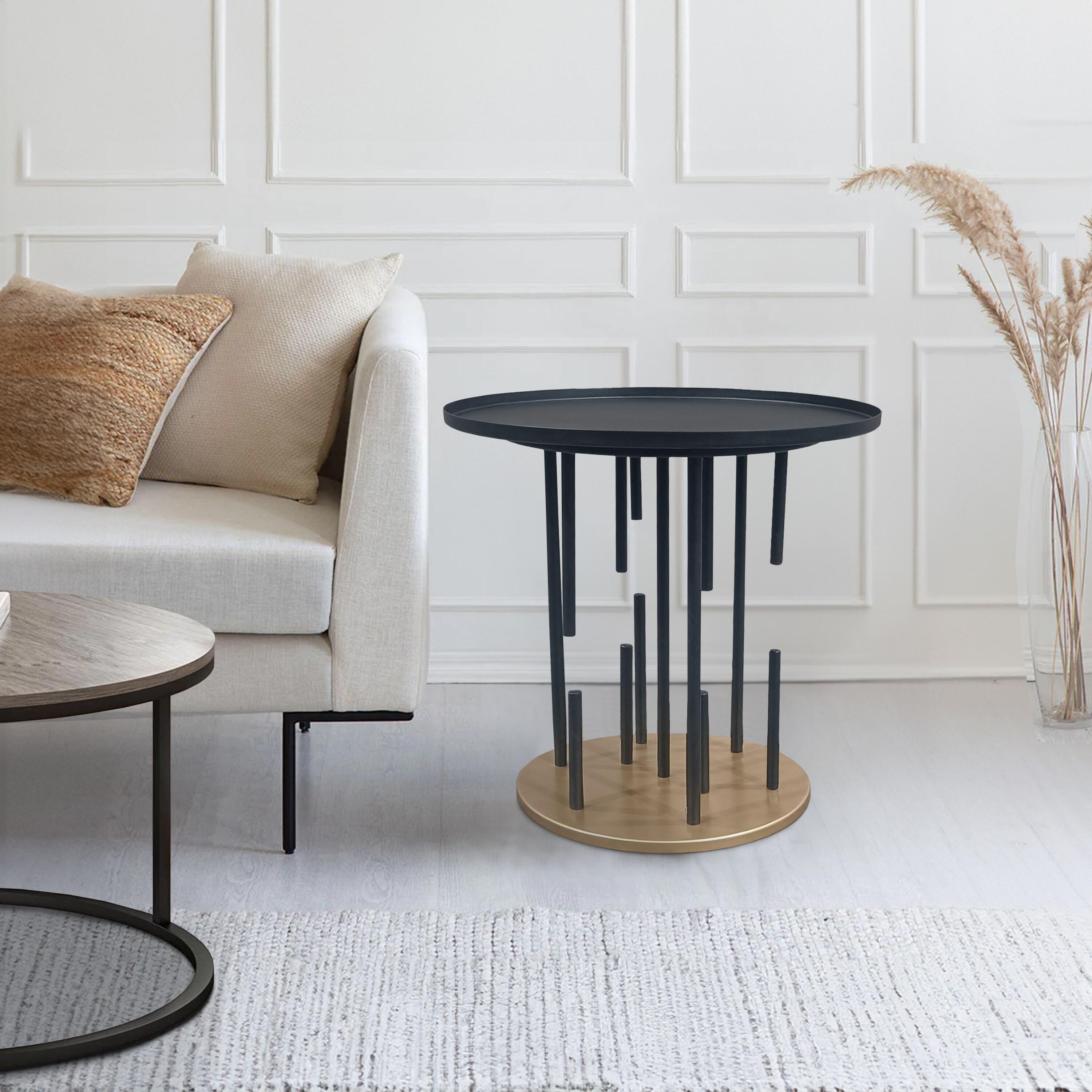 The Urban Port 20" Side End Table Round Matte Black Tray Top Modern Rod Supports with Brass Base Black/Brass