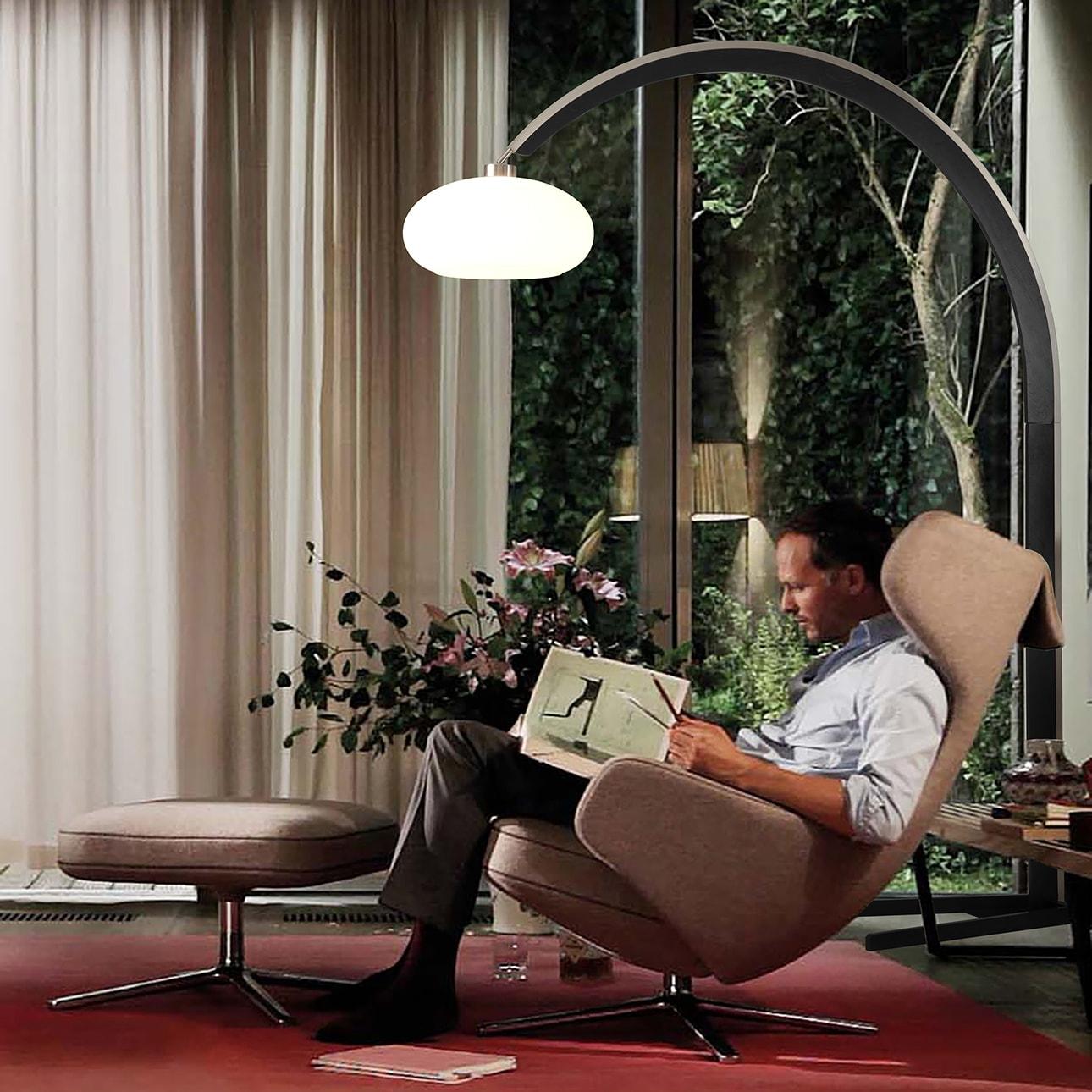 Nova of California Vaulted Arc Floor Lamp by Peter Morelli - 86", 1968 design, Black Wood, Satin Nickel, Dimmer Switch, V-base