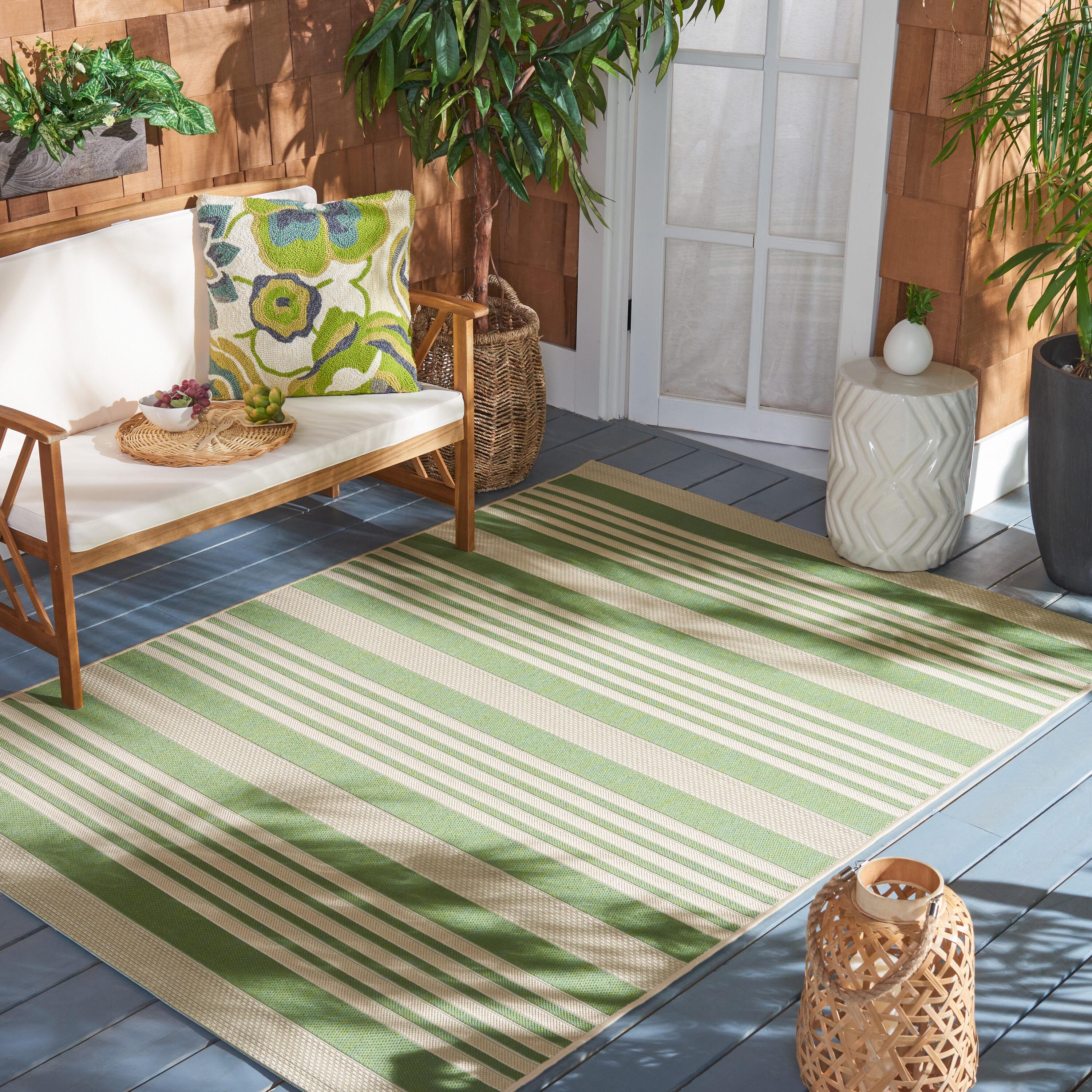 SAFAVIEH Courtyard Caroline Striped Indoor/Outdoor Area Rug, 4' x 5'7", Green/Beige