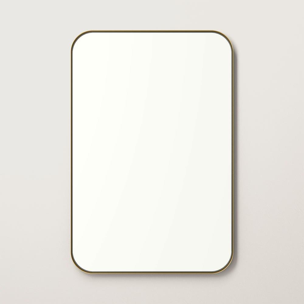 Contemporary and Farmhouse 24x36" Brushed Brass Rounded Rectangle Bathroom Vanity Wall Mirror