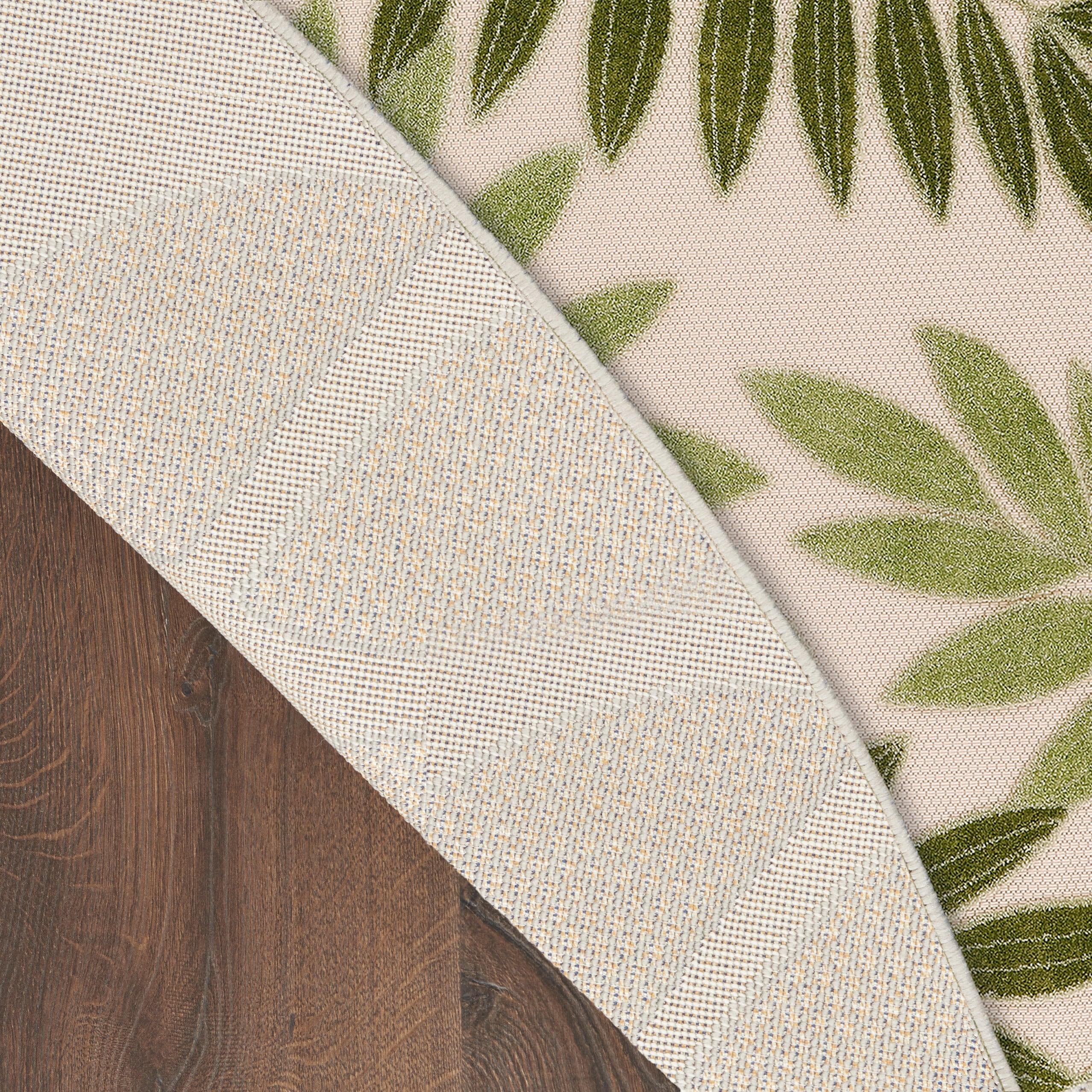 Nourison Aloha Floral Leaf Flatweave High-Low Indoor Outdoor Round Rug Ivory Green 5'3" x 5'3"