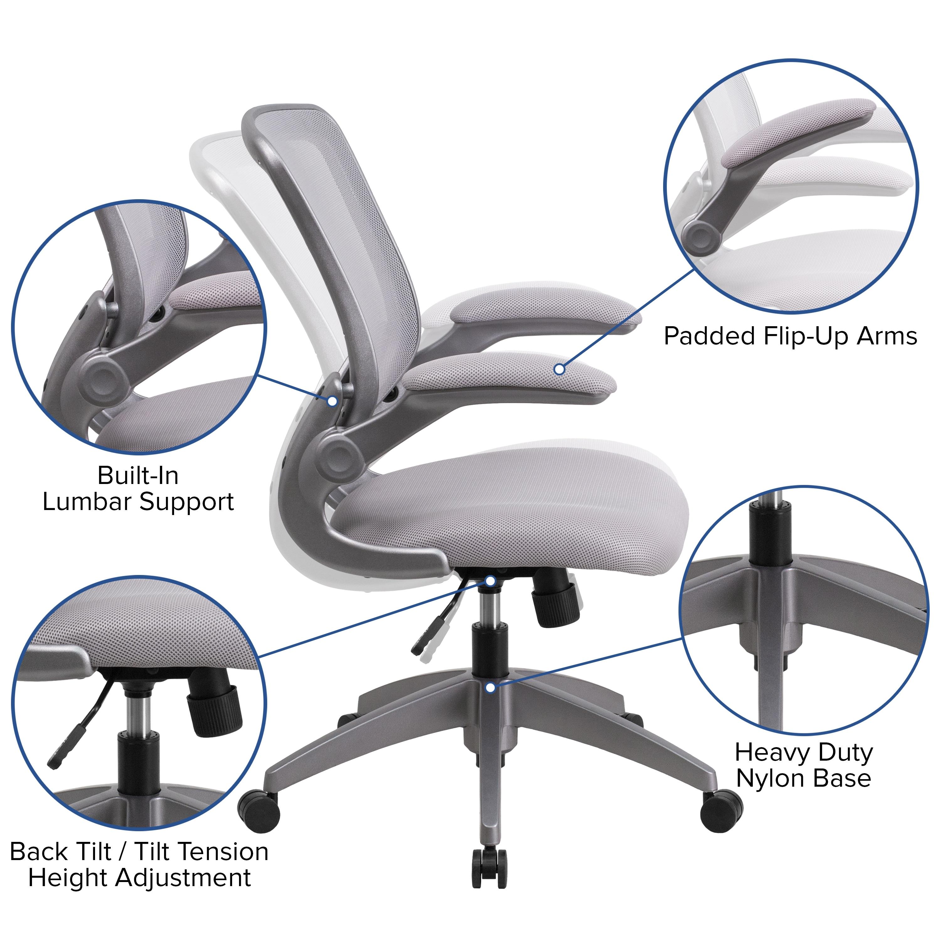 Flash Furniture Mid-Back Gray Mesh Swivel Ergonomic Task Office Chair with Gray Frame and Flip-Up Arms