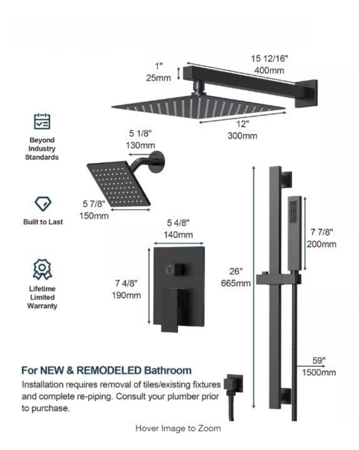 GRANDJOY Complete Shower System, 10" and 6" Dual Wall Mount Rain Shower Faucets with Handheld Shower Spray, High Pressure in Matte Black