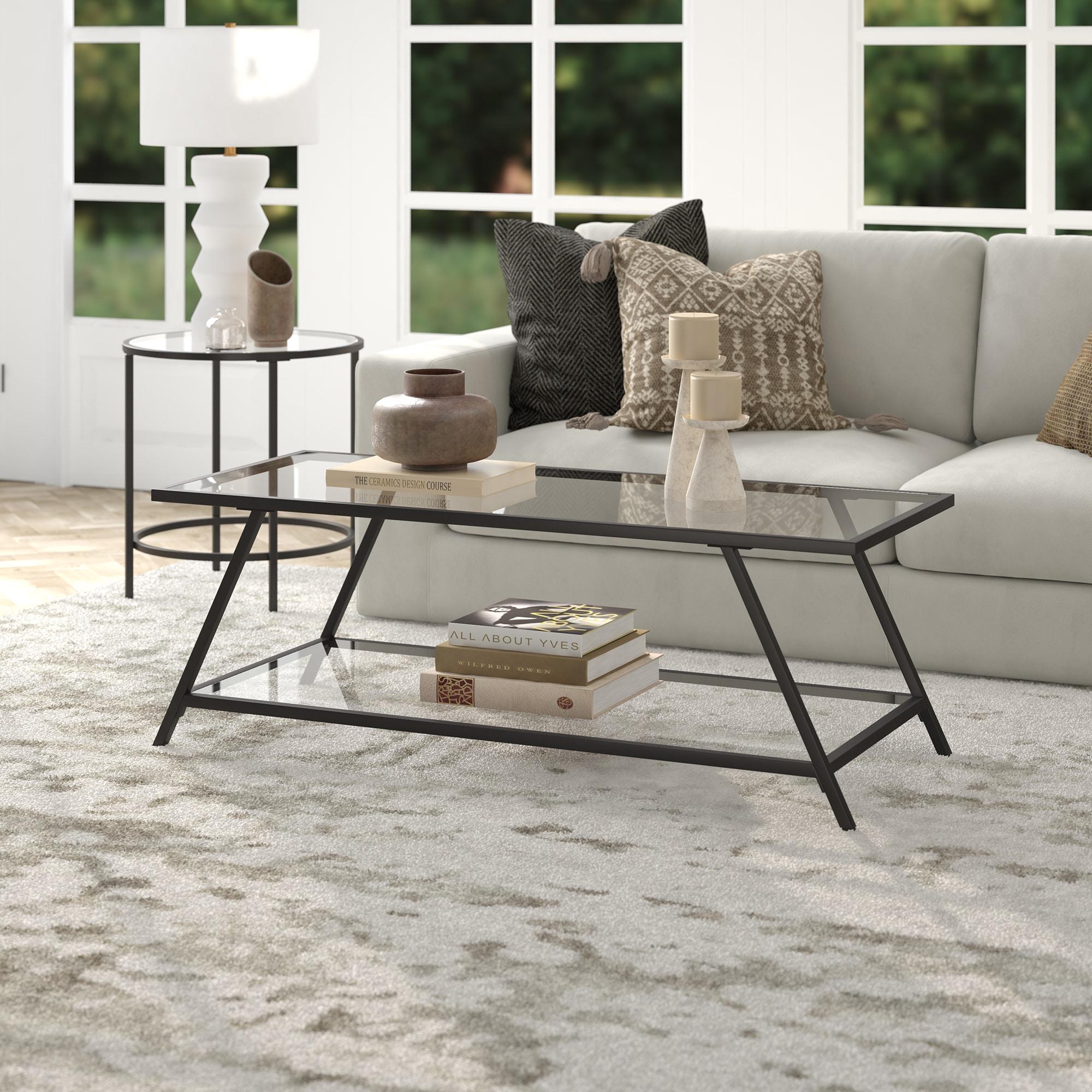 Yair 48" Glass And Steel Coffee Table With Shelf