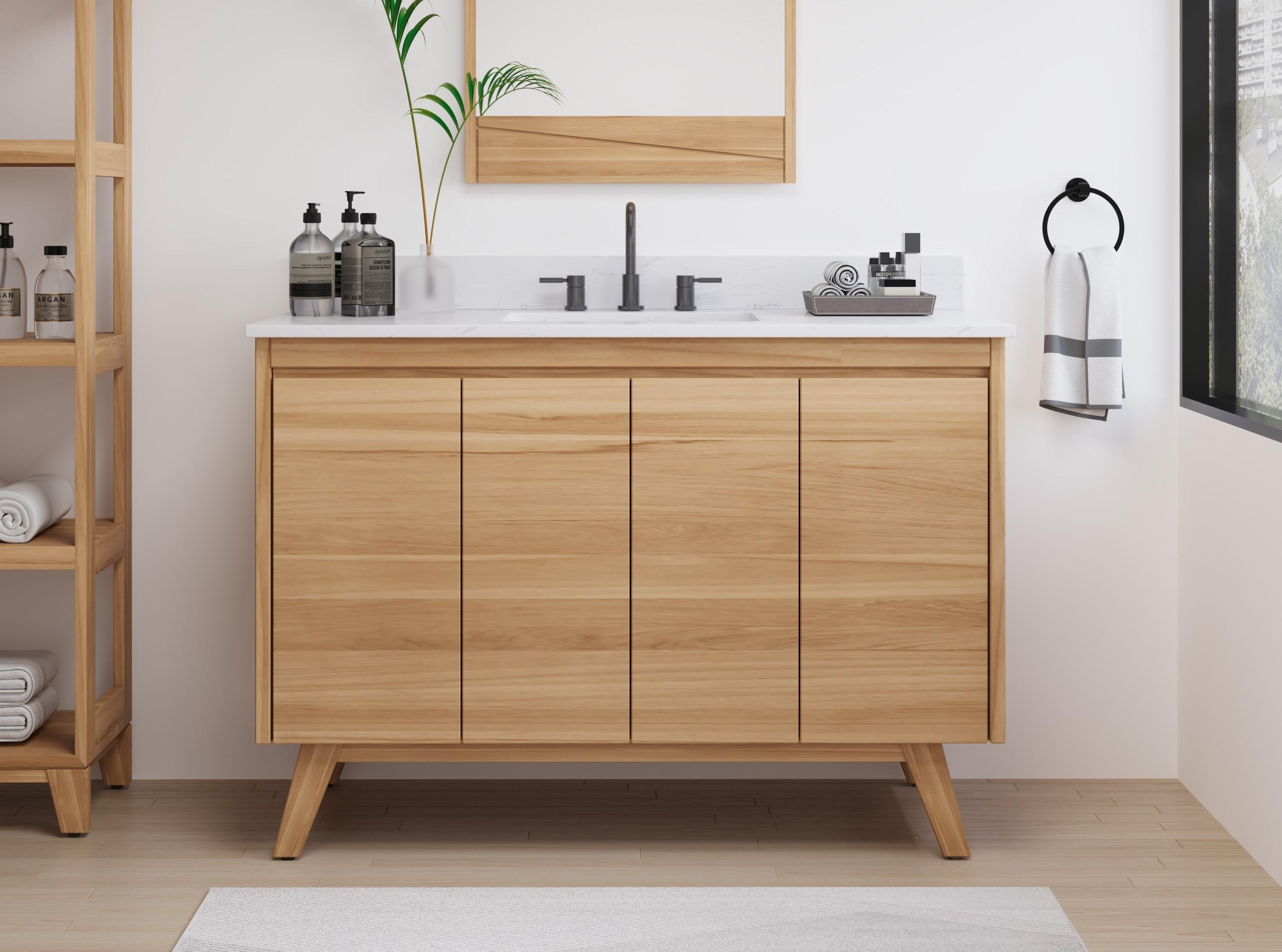 Coventry 49 in. Single Sink Bath Vanity in Natural Teak with Cala White Engineered Stone Top