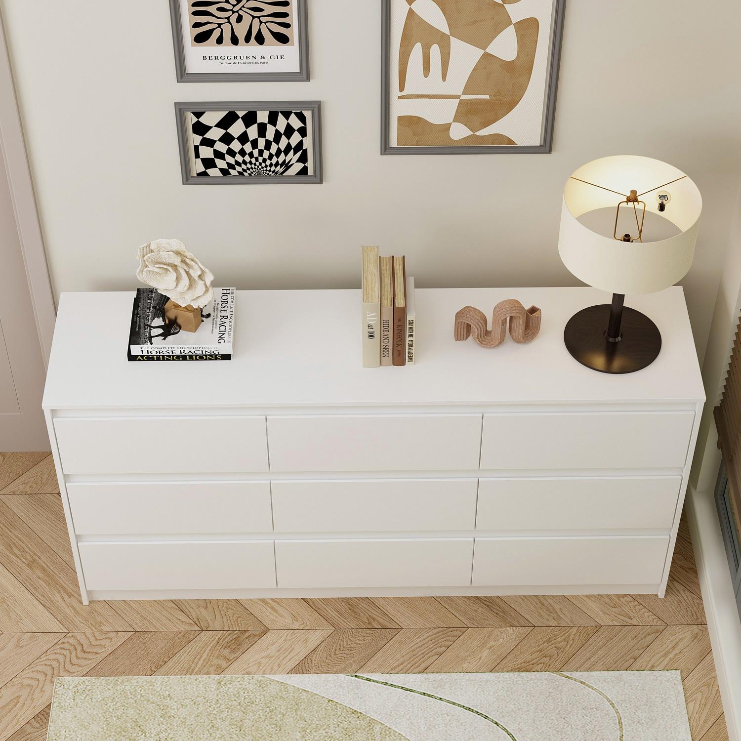 FUFU&GAGA White Modern Dresser for Bedroom 9 Drawers Wood Chest of Drawers