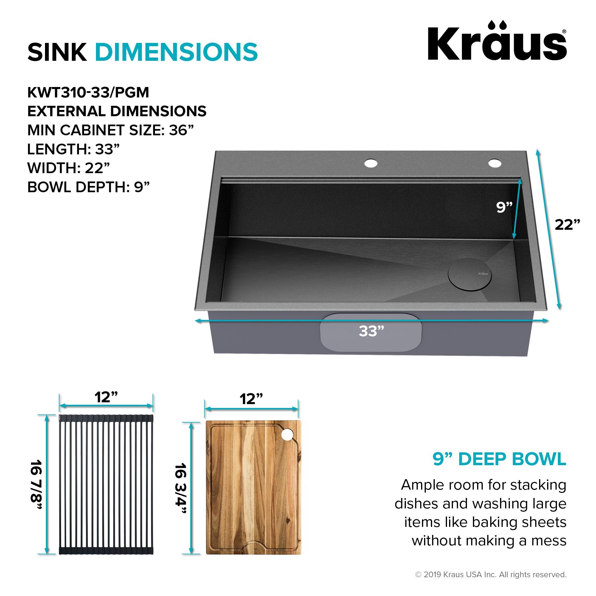 KRAUS Kore™ Workstation 33" L Top Mount Drop-In 16 Gauge Black Stainless Steel Single Bowl Kitchen Sink