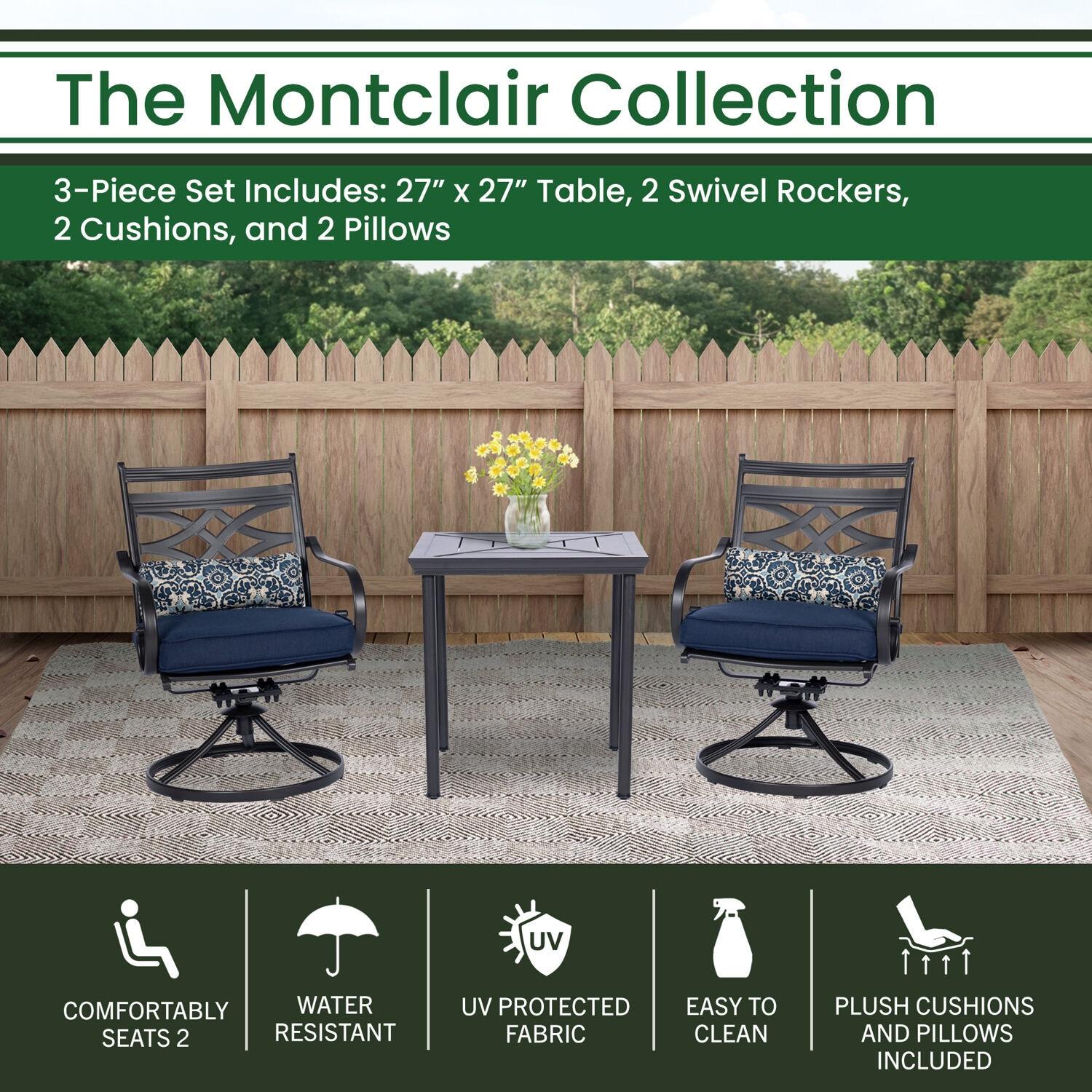 Hanover Montclair 3-Piece All-Weather Outdoor Patio Bistro Dining Set, 2 Swivel Rocker Chairs with Comfortable Seat and Lumbar Cushions, 27" Square Stamped Rectangle Table, MCLRDN3PCSW2-NVY