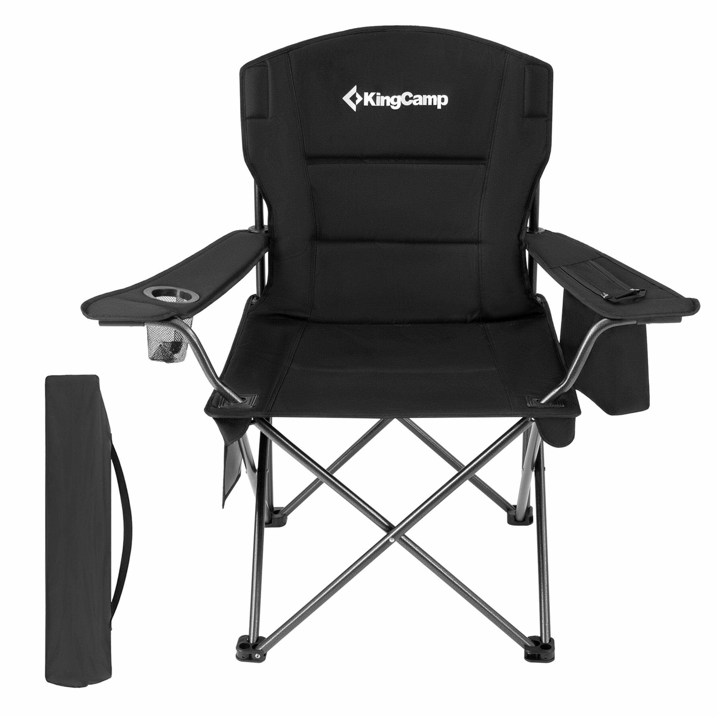 KingCamp Padded Portable Outdoor Folding Lounge Chairs with Built In Cupholder, Insulated Cooler Sleeve, and Side Storage Pocket, Black