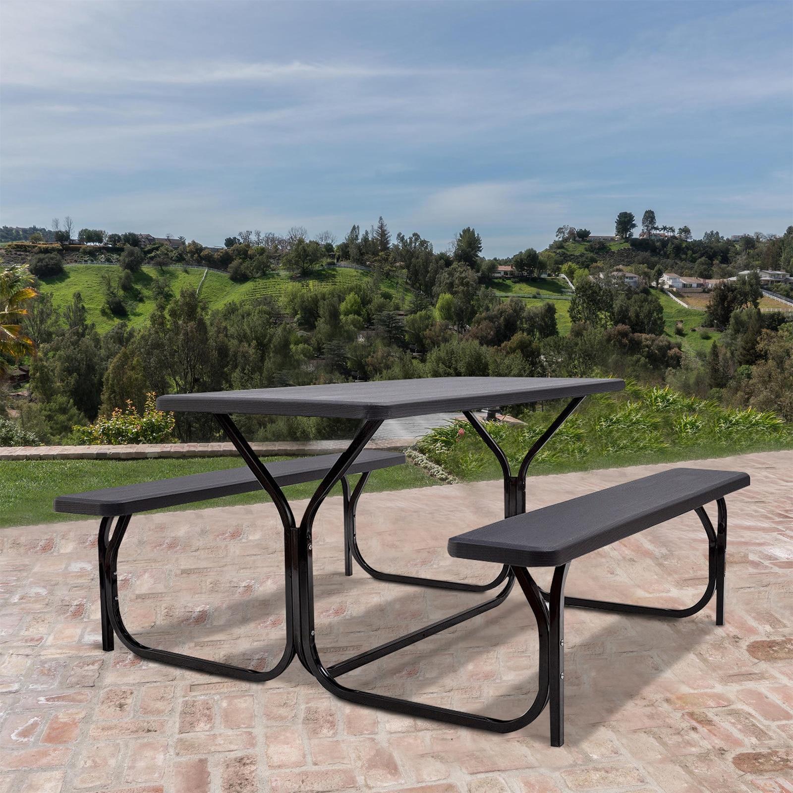 Kepooman Picnic Table, Camping Table, HDPE Outdoor Picnic Table Bench Set with Metal Base-Black
