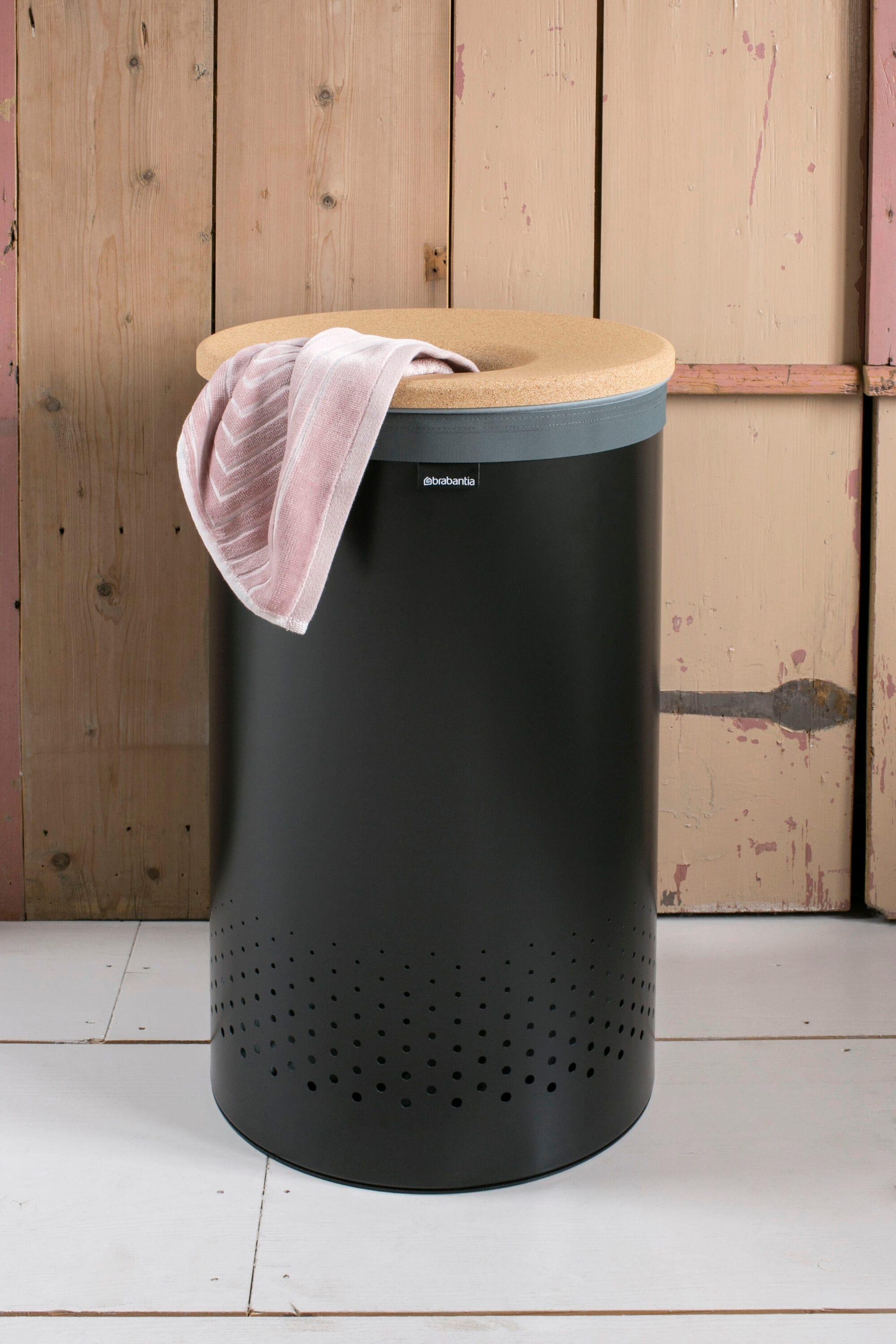 Brabantia - Laundry Hamper - with Cork Lid - Ventilation Holes - Corrosion Resistant Materials - Hygienic - Discrete - Laundry Basket - Bathroom - with Small Hole - Matt Black - 16 Gal