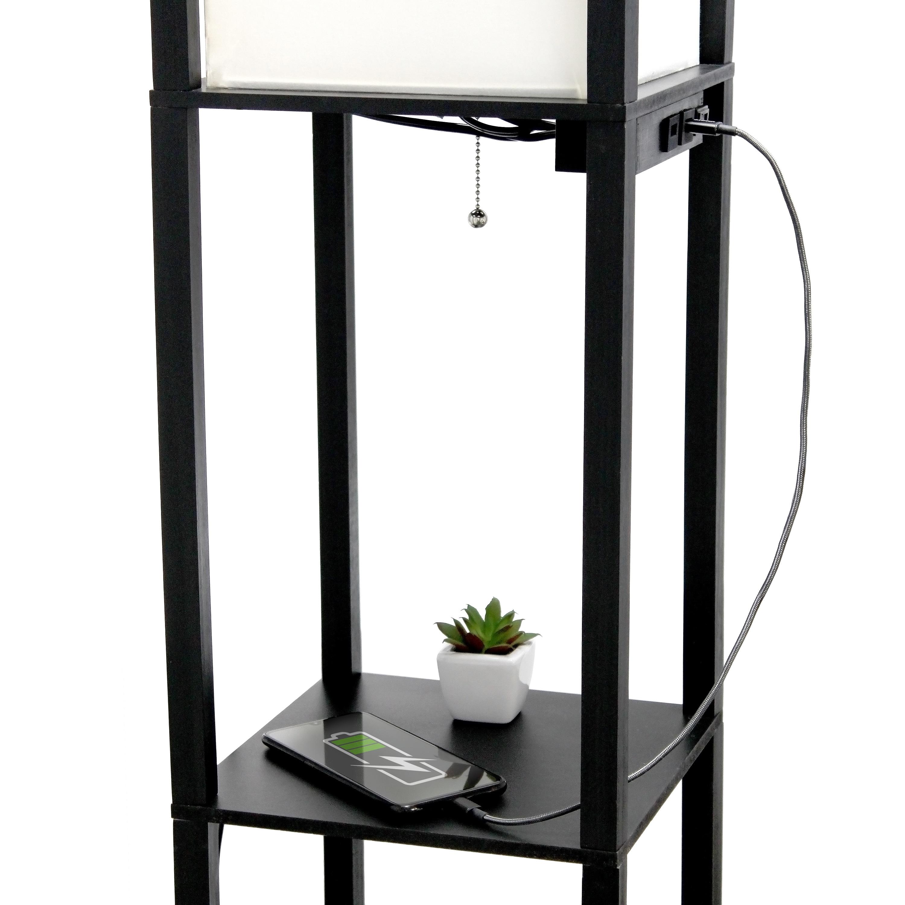 Floor Lamp Etagere Organizer Storage Shelf with 2 USB Charging Ports and Linen Shade - Simple Designs