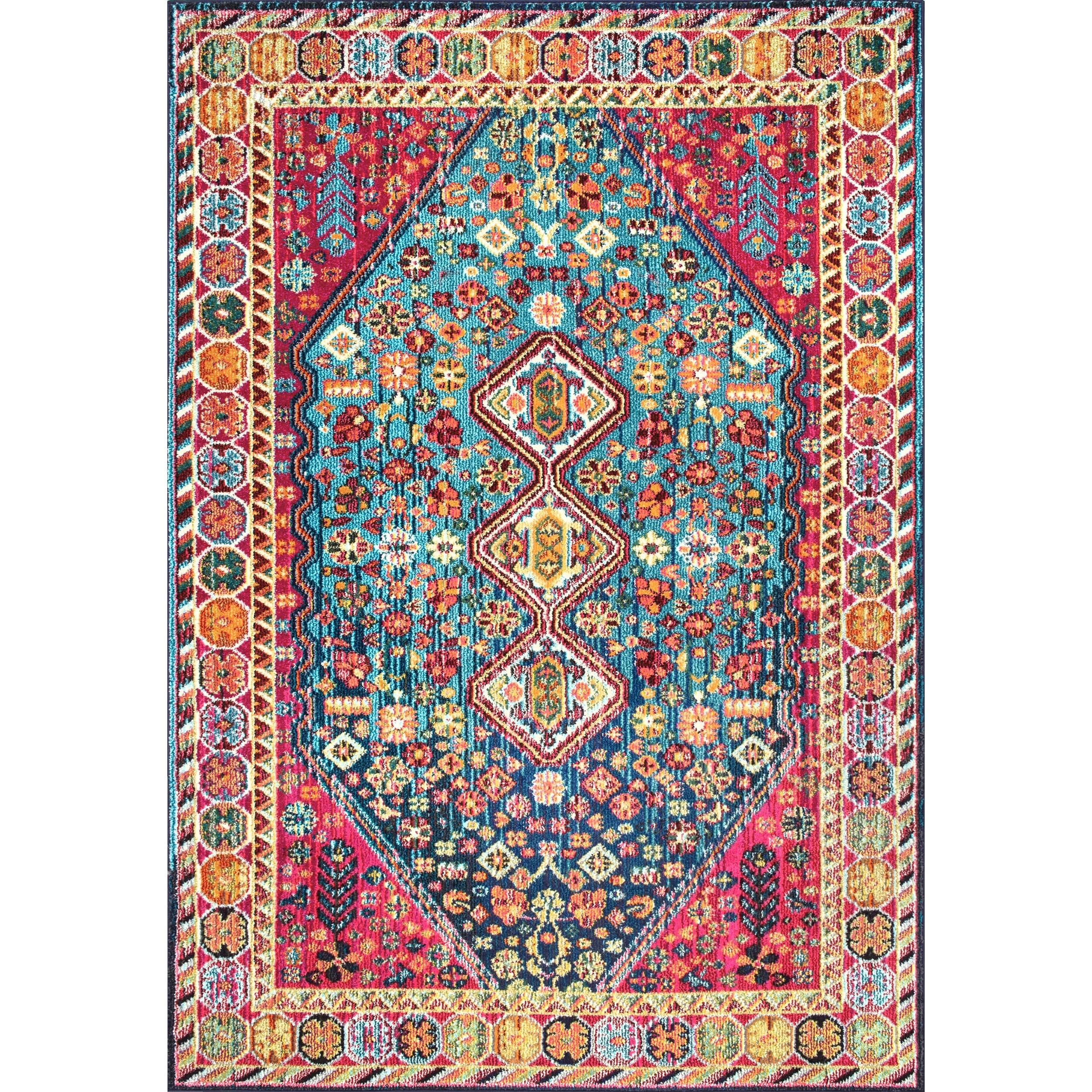 nuLOOM 4'x6' Vintage Erline Area Rug Blue/Red: Medallion Pattern, Low Pile, Polypropylene, Living Room Decor