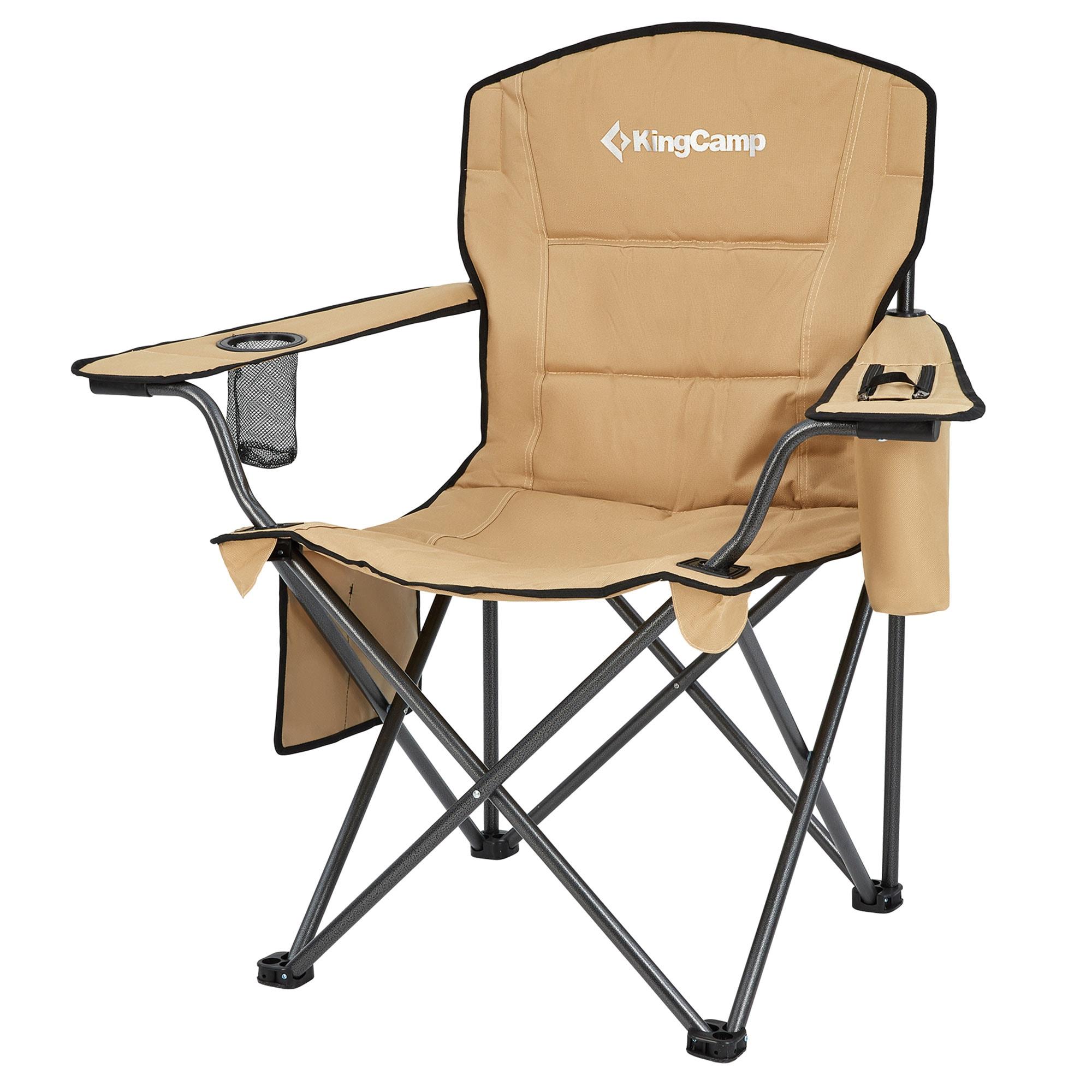 KingCamp Padded Portable Outdoor Folding Lounge Chairs with Built-In Cupholder, Insulated Cooler Sleeve, and Side Storage Pocket, Khaki (2 Pack)