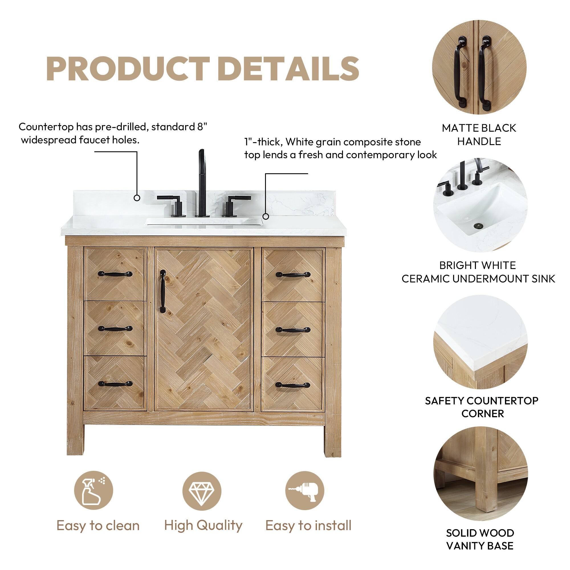 Javier 42" Bath Vanity in Spruce Antique Brown with White Grain Composite Stone