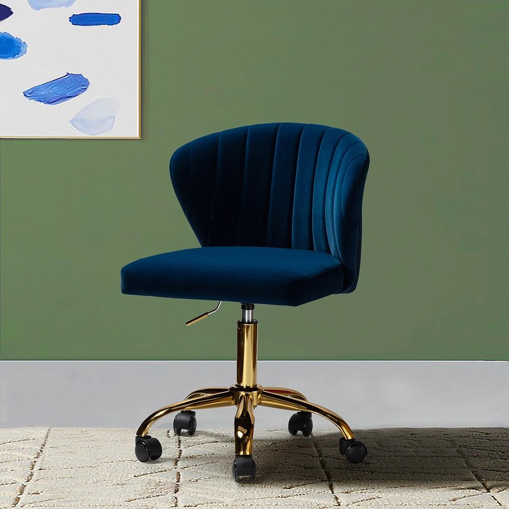 Navy Velvet Swivel Office Chair with Gold Legs, Adjustable Height Rolling Desk Chair for Vanity
