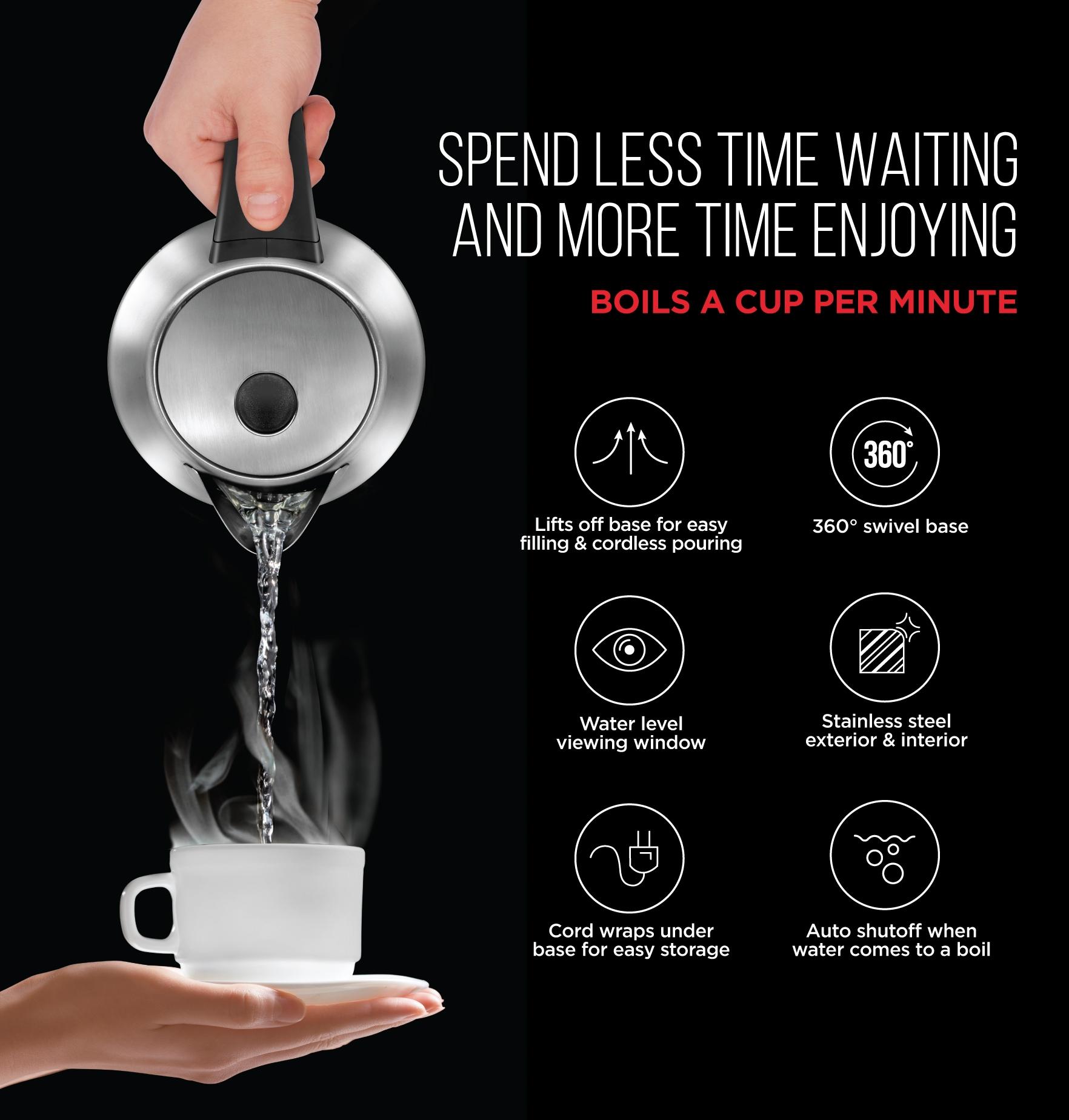 Chefman Rapid Boil 1.7L Electric Kettle w/ Swivel Base, Auto Shut Off - Stainless Steel