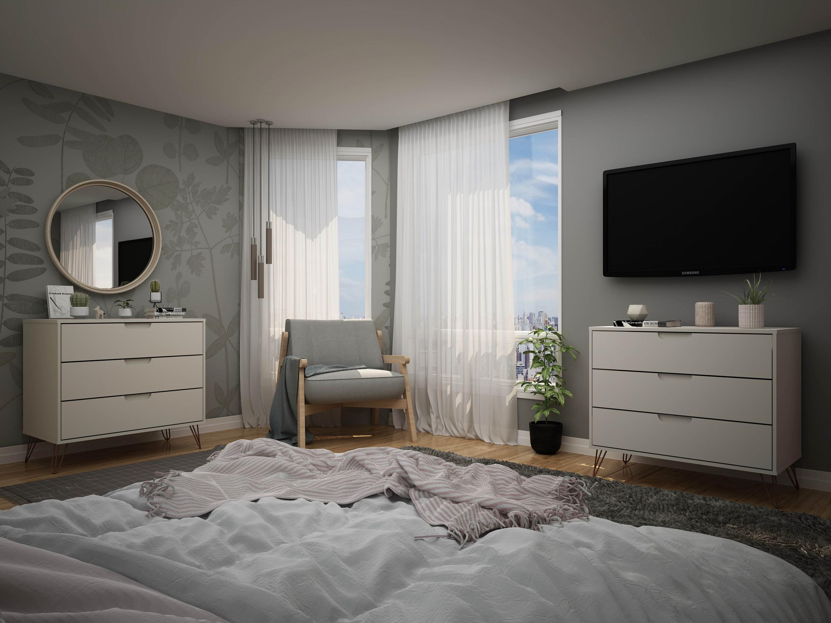 Set of 2 Rockefeller 3 Drawer Dresser Off White - Manhattan Comfort: MDF Bedroom Storage, Easy-Glide, Includes Anti-Tip Hardware
