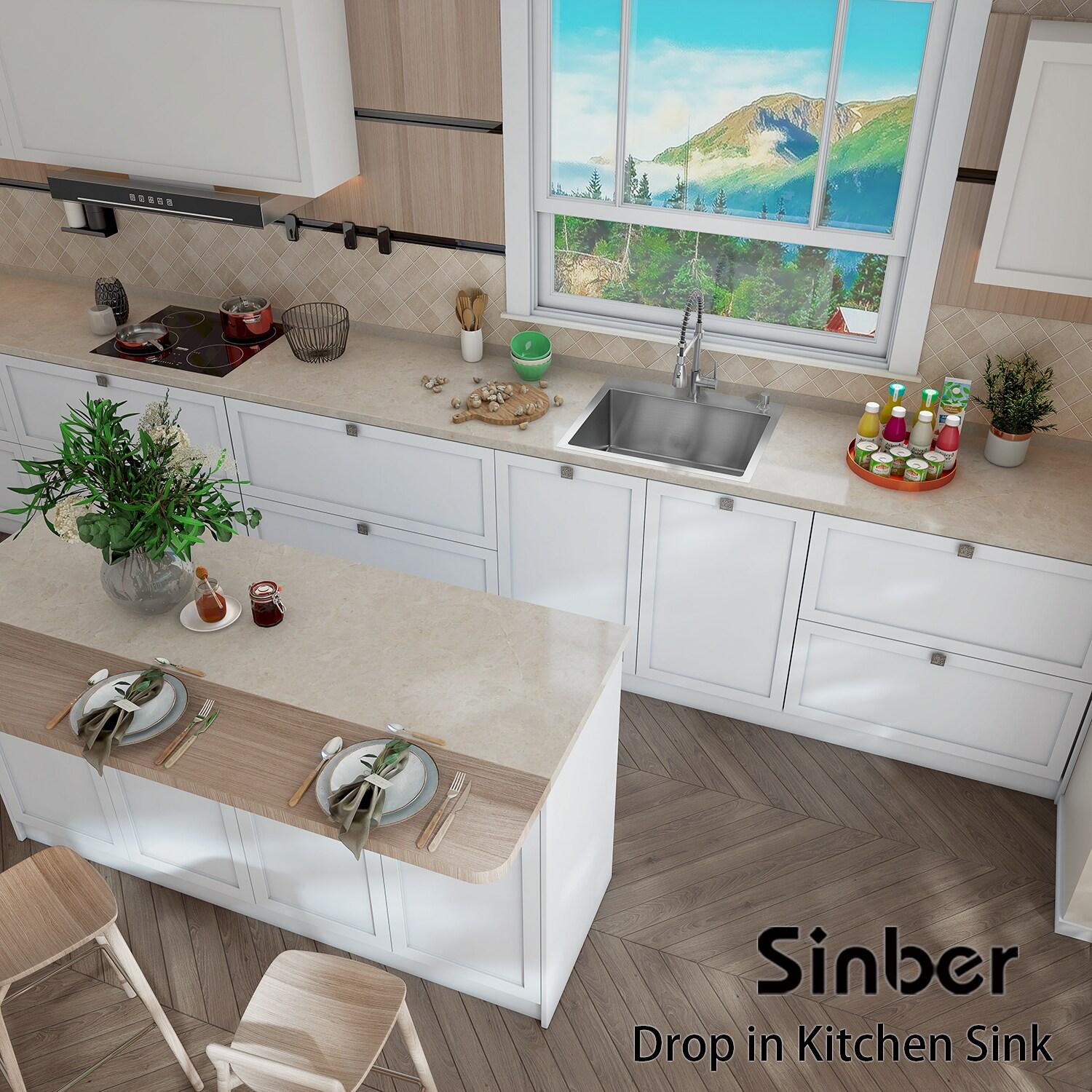 Sinber 25" x 22" Drop In Single Bowl Kitchen Sink with 18 Gauge 304 Stainless Steel Satin Finish