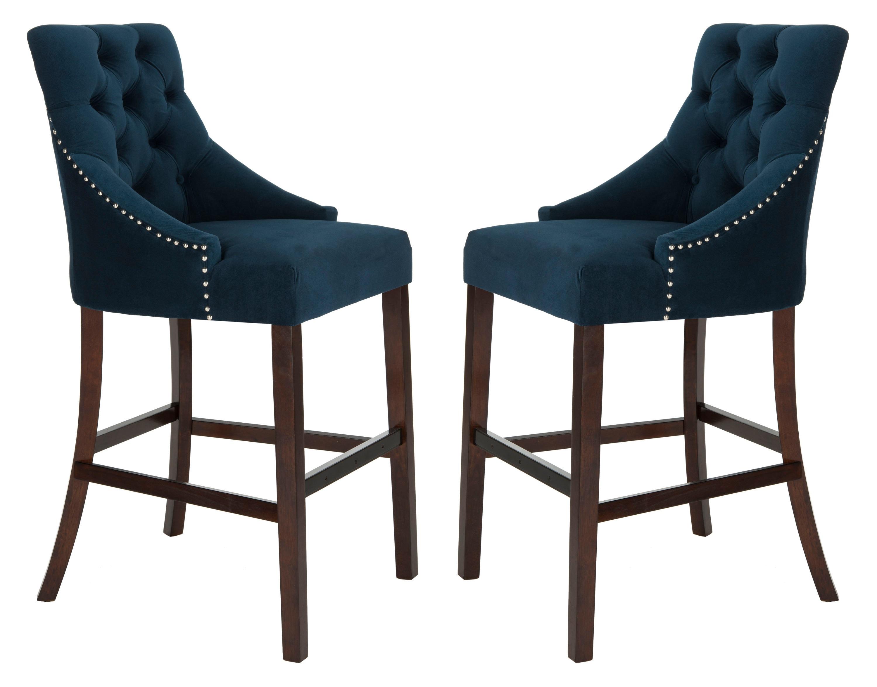 Eleni Tufted Wing Back Bar Stool (Set Of 2) - Navy/Espresso - Safavieh