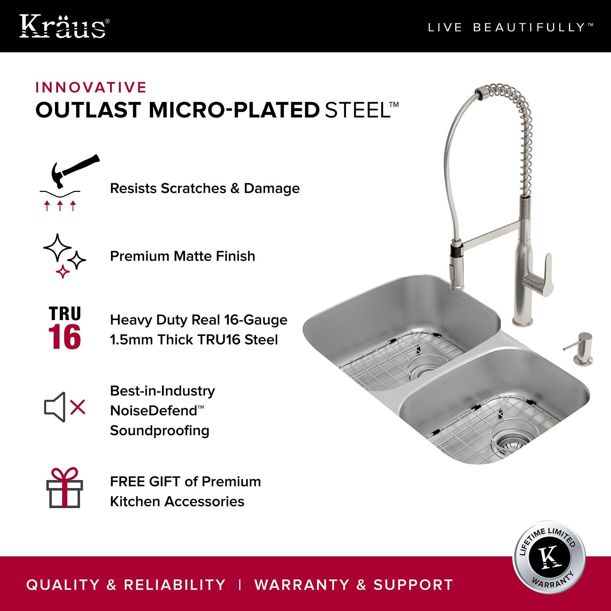 KRAUS Outlast MicroShield™ Scratch-Resist Stainless Steel Undermount 60/40 Double Bowl Sink, 32" L 16 Gauge