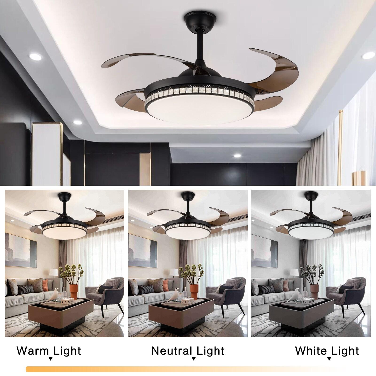 42 inch Modern Ceiling Fan with Light Remote Contro, 4-Blades Retractable LED Chandelier Fan Ceiling Light Fixture for Dining Room Living Room Black